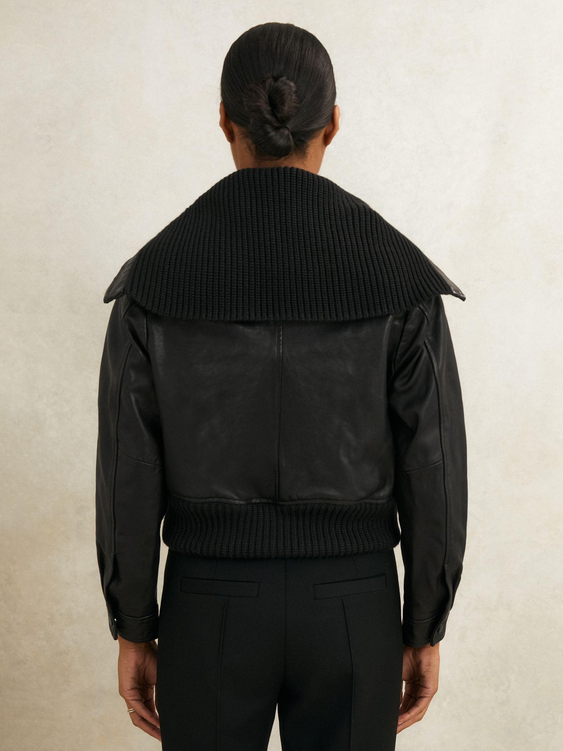 Atelier Leather Rib-Trim Jacket in Black