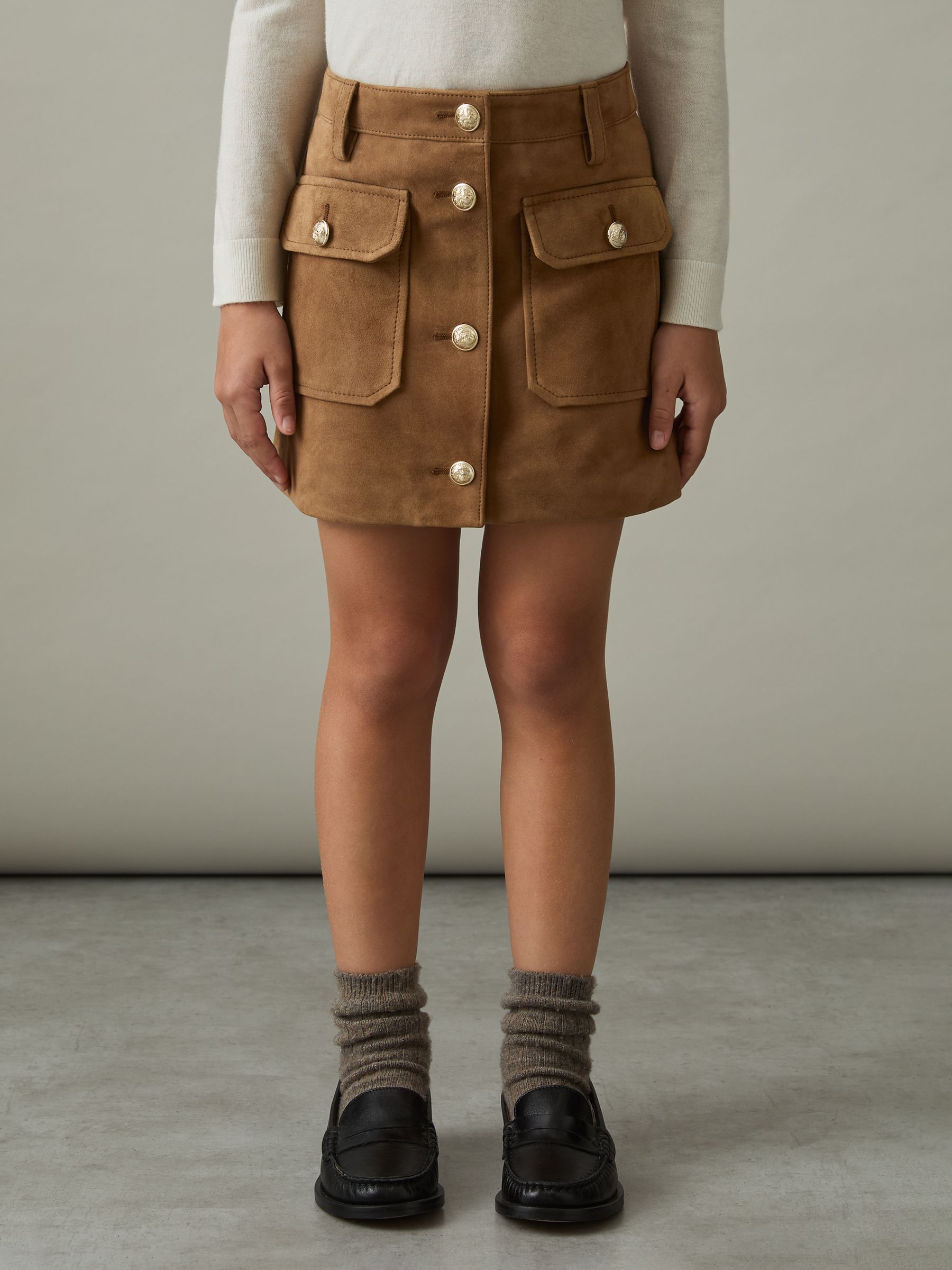 4-9 yrs Suede Flap Pocket Skirt in Tan