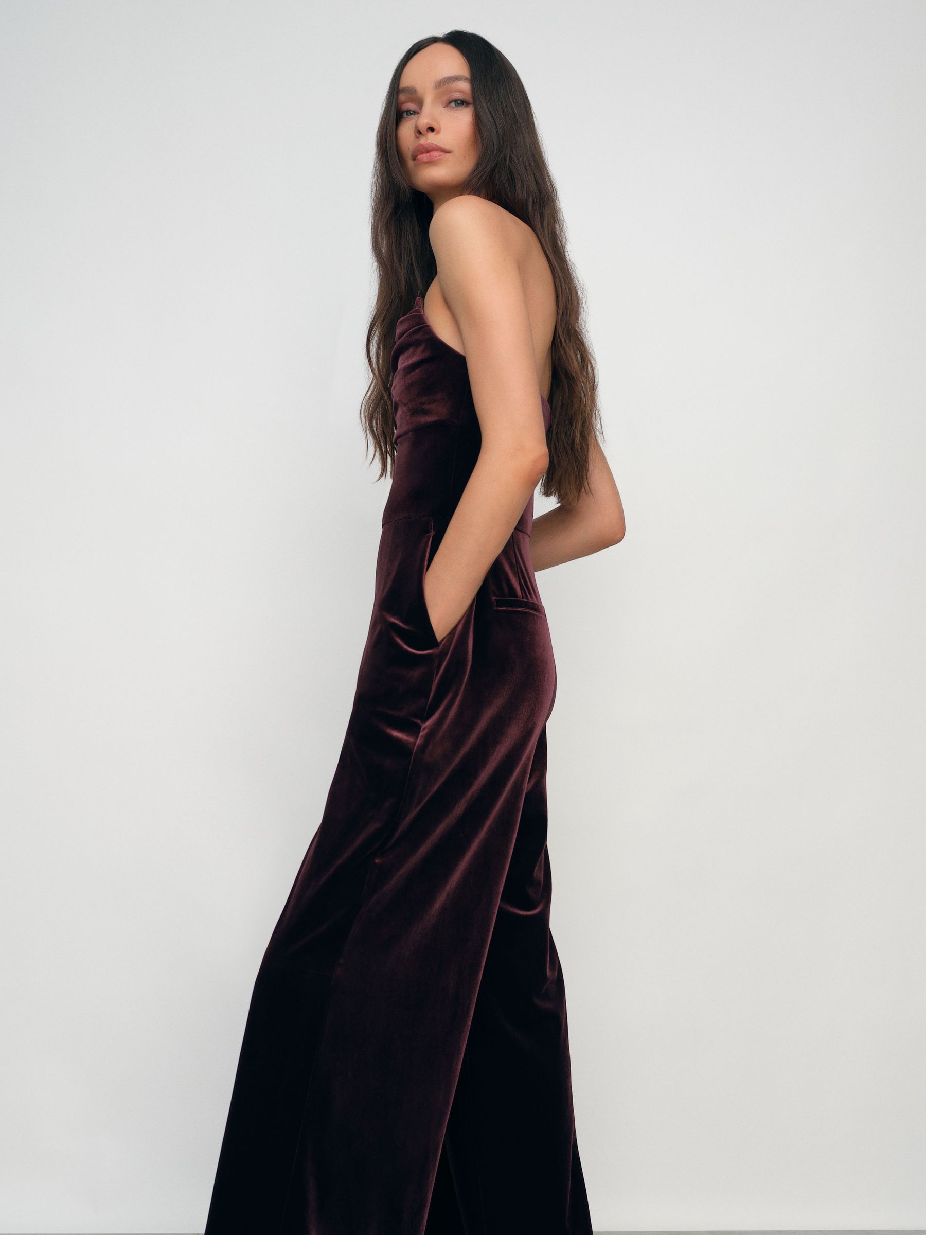 Petite Velvet Drape Strapless Jumpsuit in Burgundy