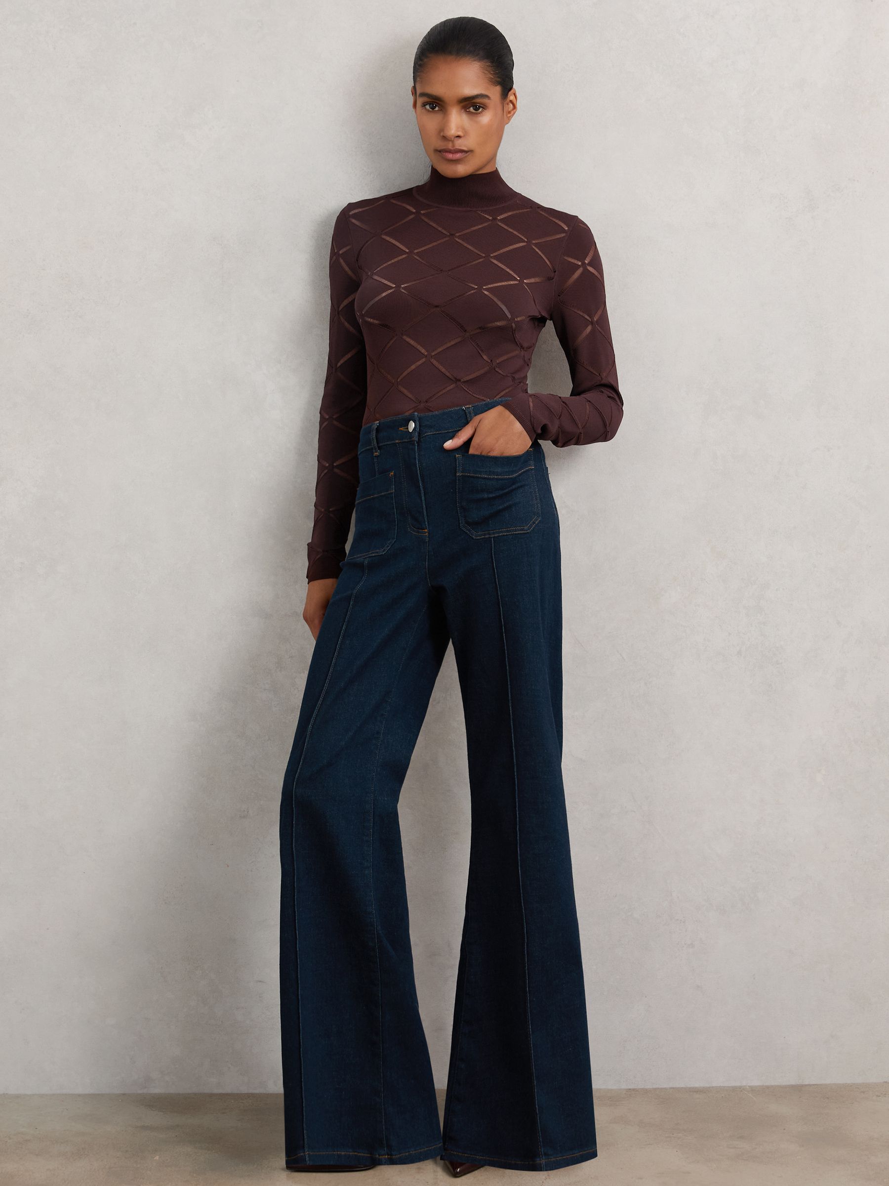 Laser-Cut Funnel-Neck Knit Top in Burgundy