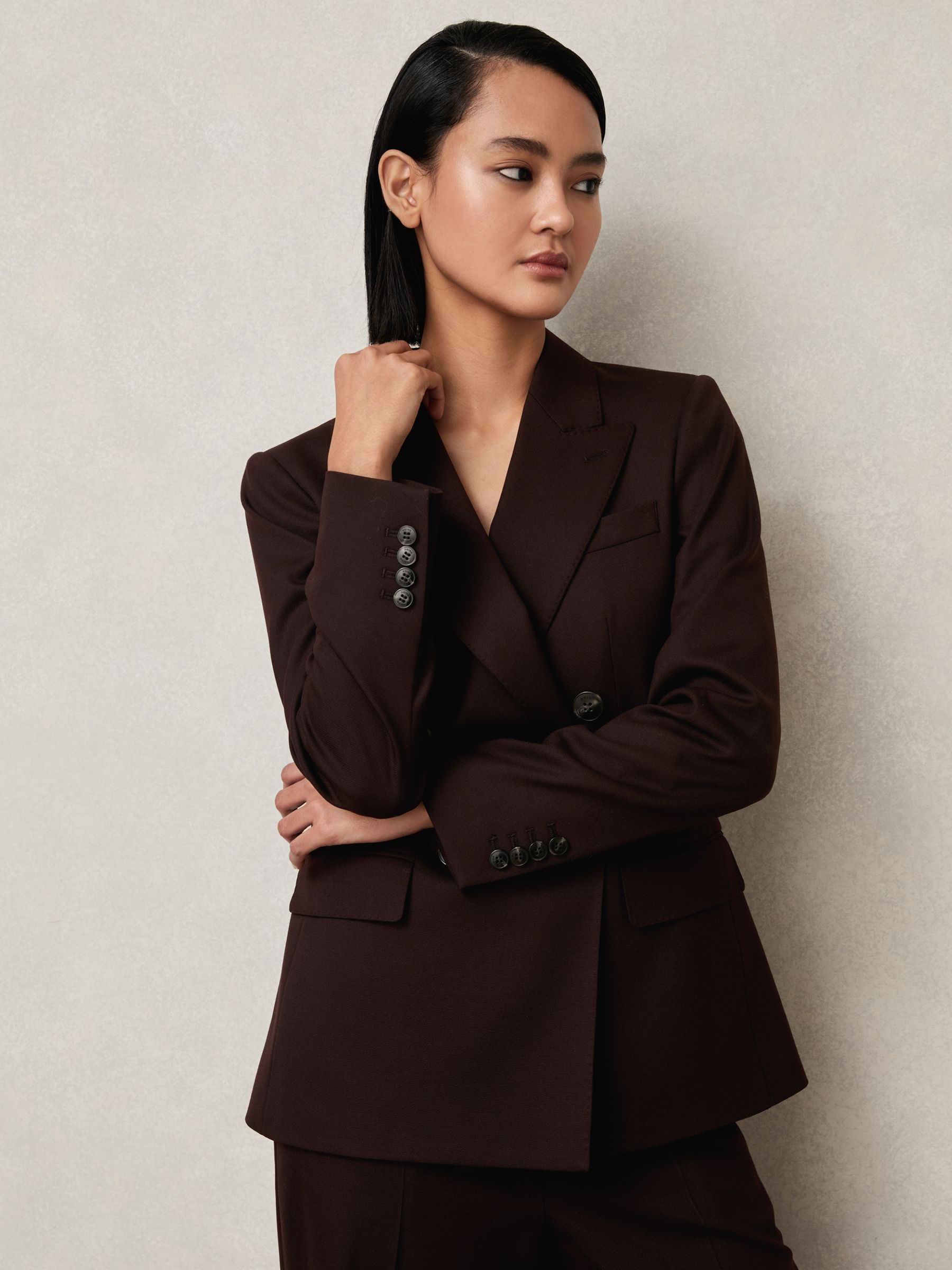 Petite Wool-Blend Double-Breasted Suit Blazer in Aubergine