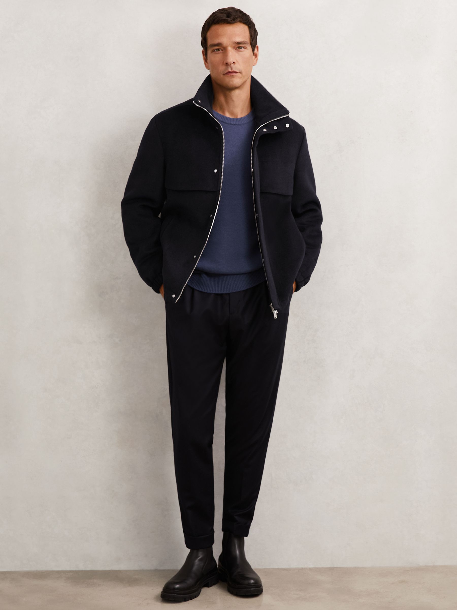 Wool-Blend Funnel-Neck Zip Jacket in Navy