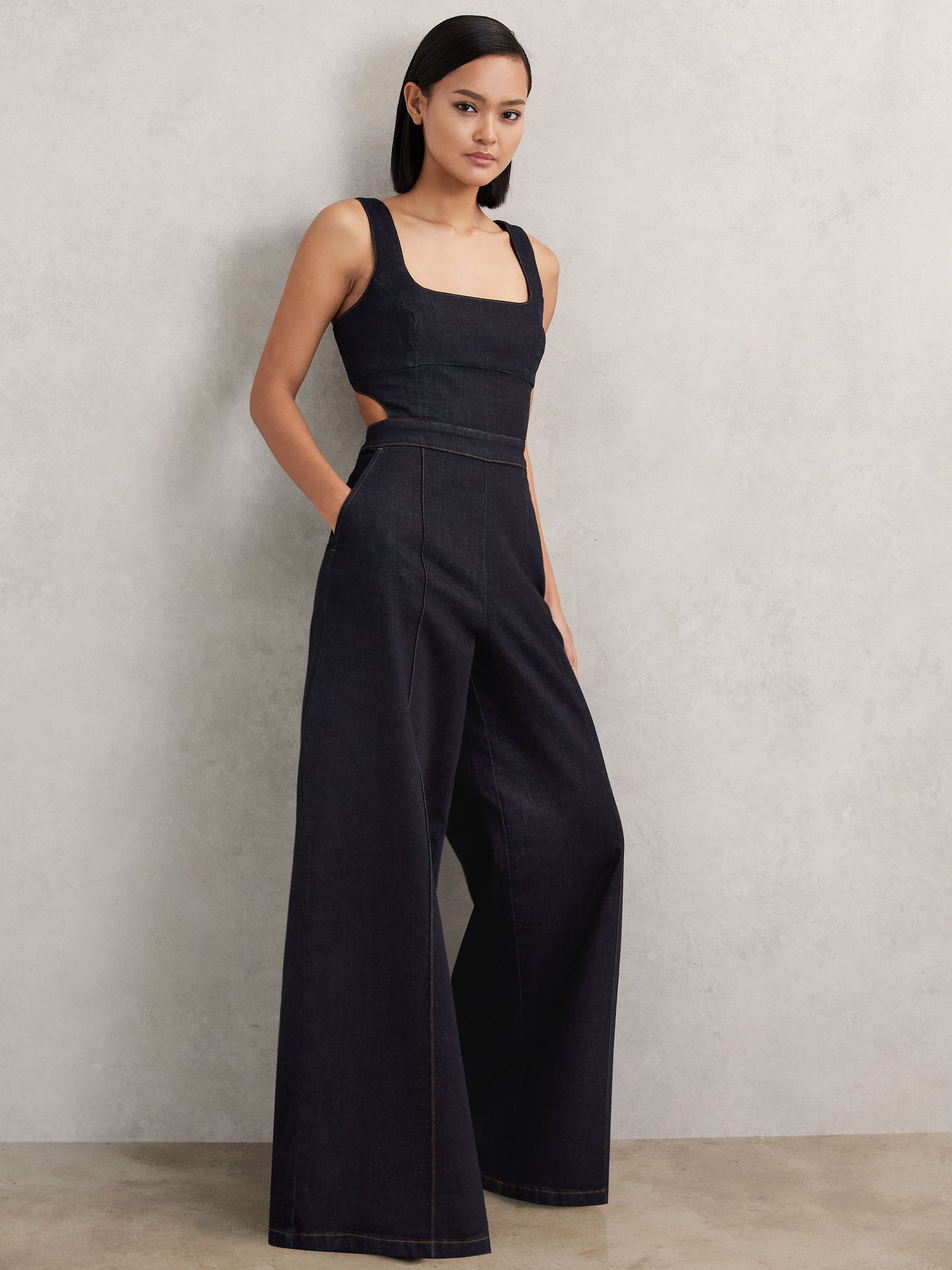Wide-Leg Cut-Out Denim Jumpsuit in Dark Blue