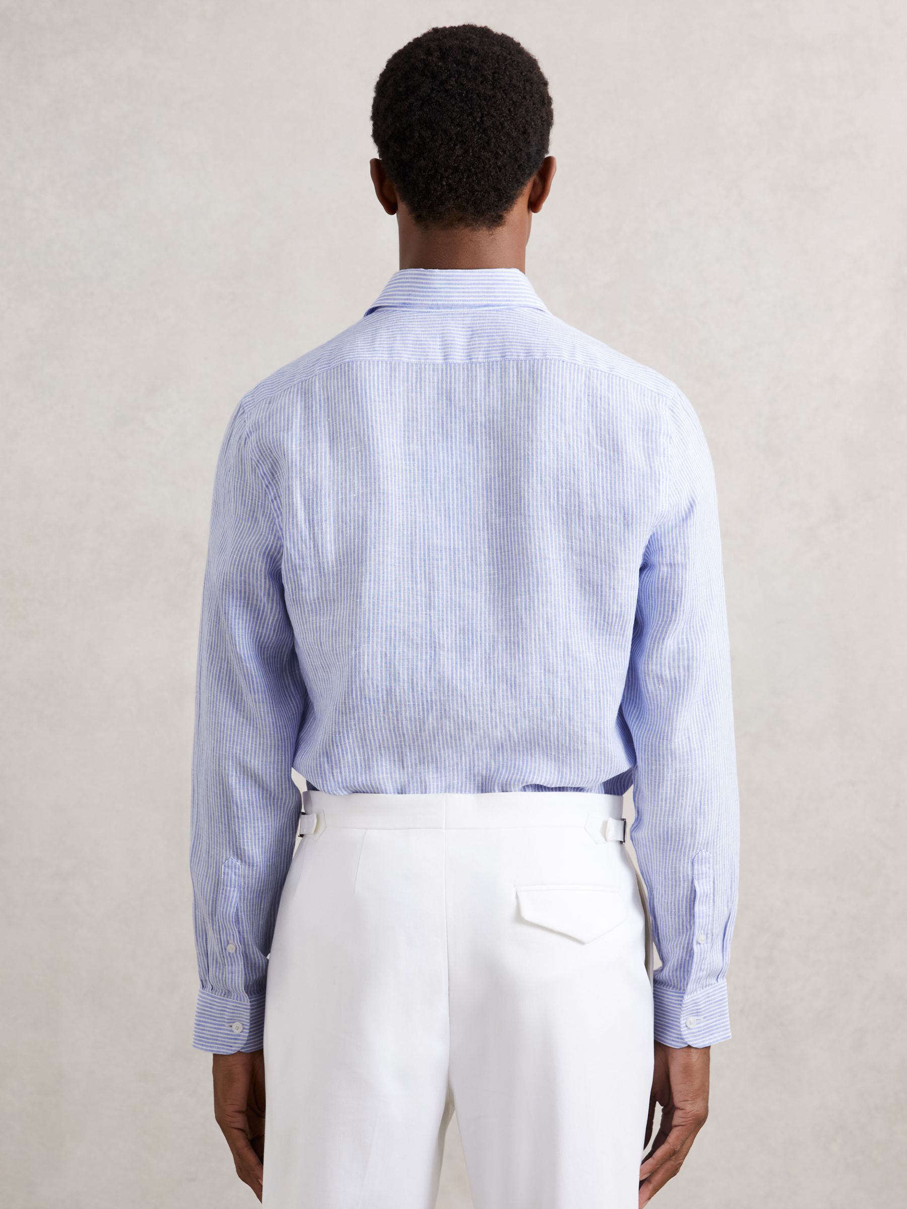 Linen Stripe Long-Sleeve Shirt in Soft Blue/White Fine Stripe