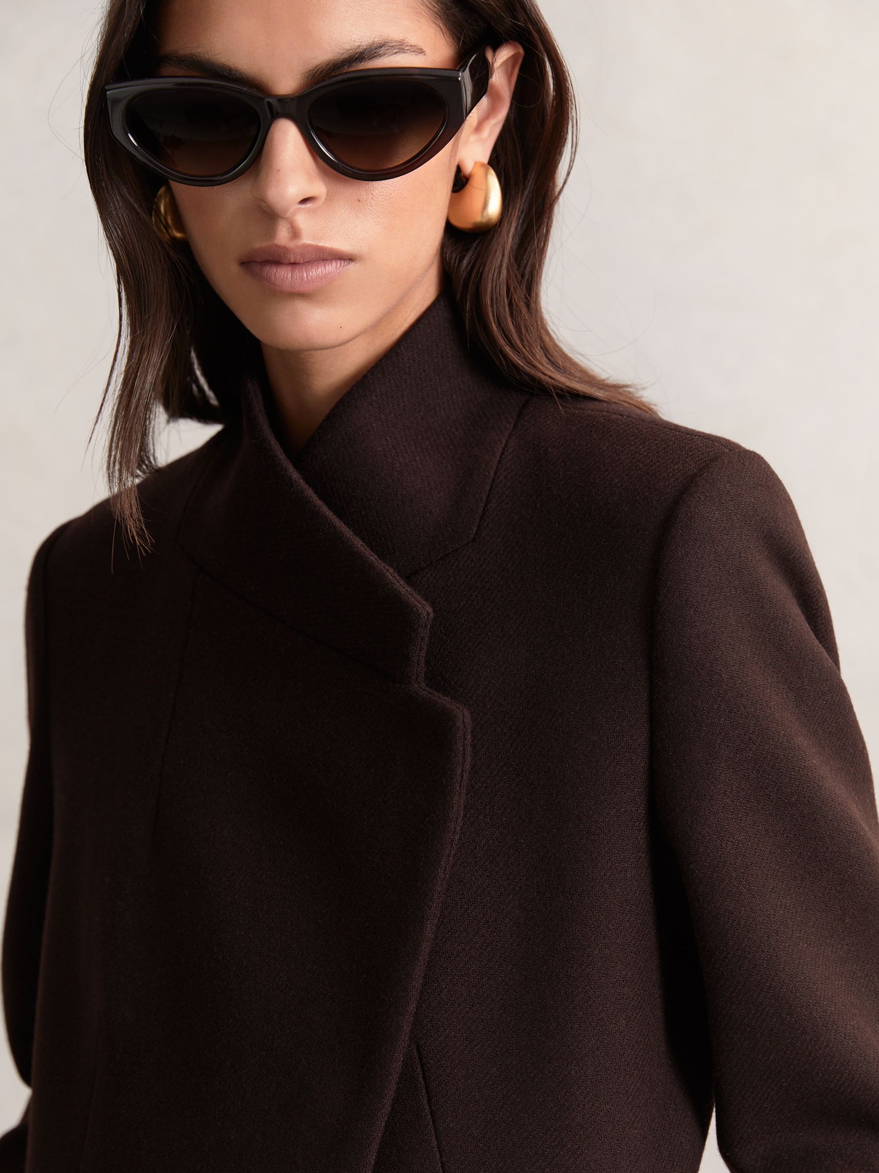 Petite Wool-Blend Wrapover Mid-Length Coat in Chocolate Brown