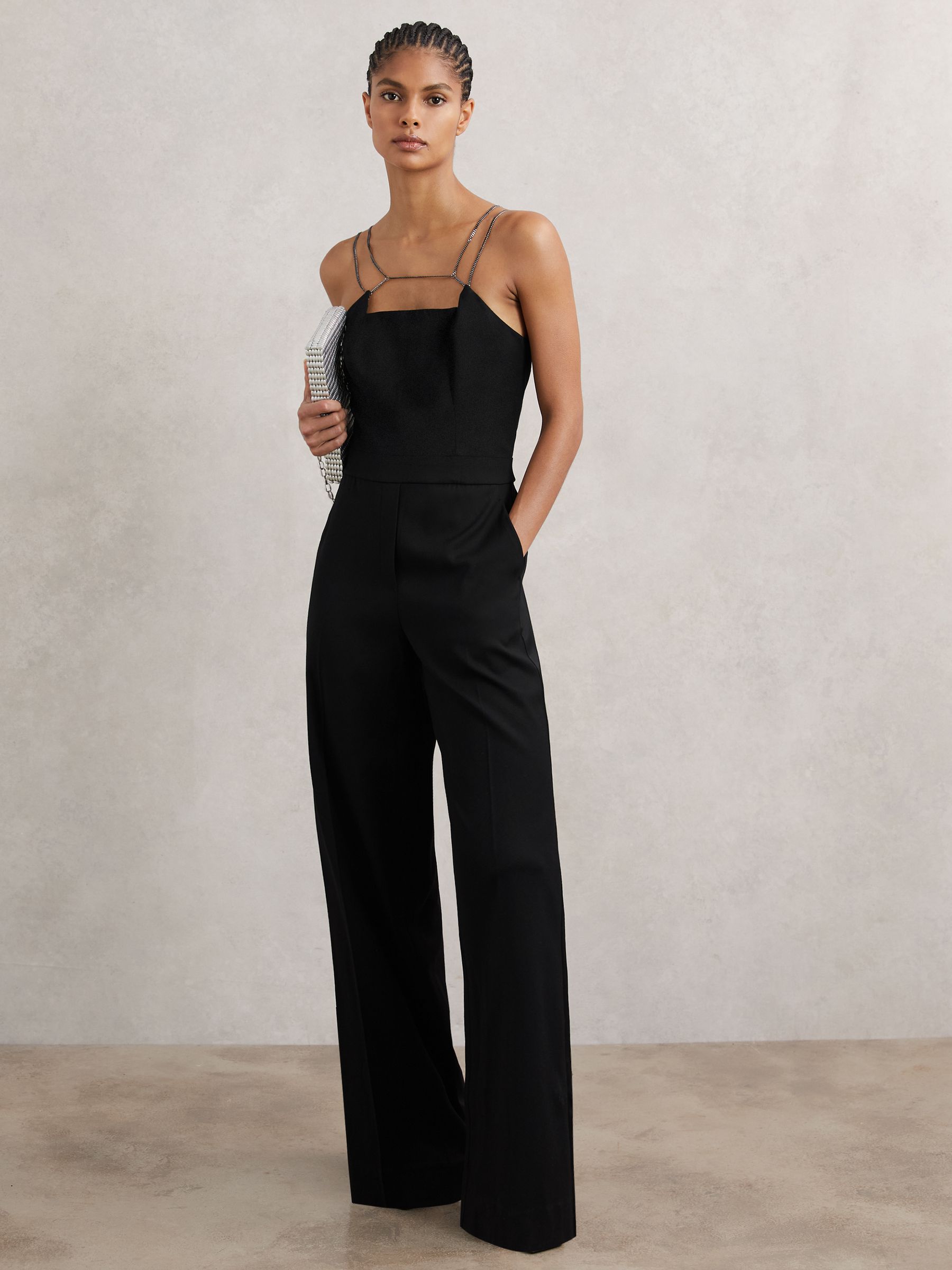 Chain-Strap Wide-Leg Jumpsuit in Black