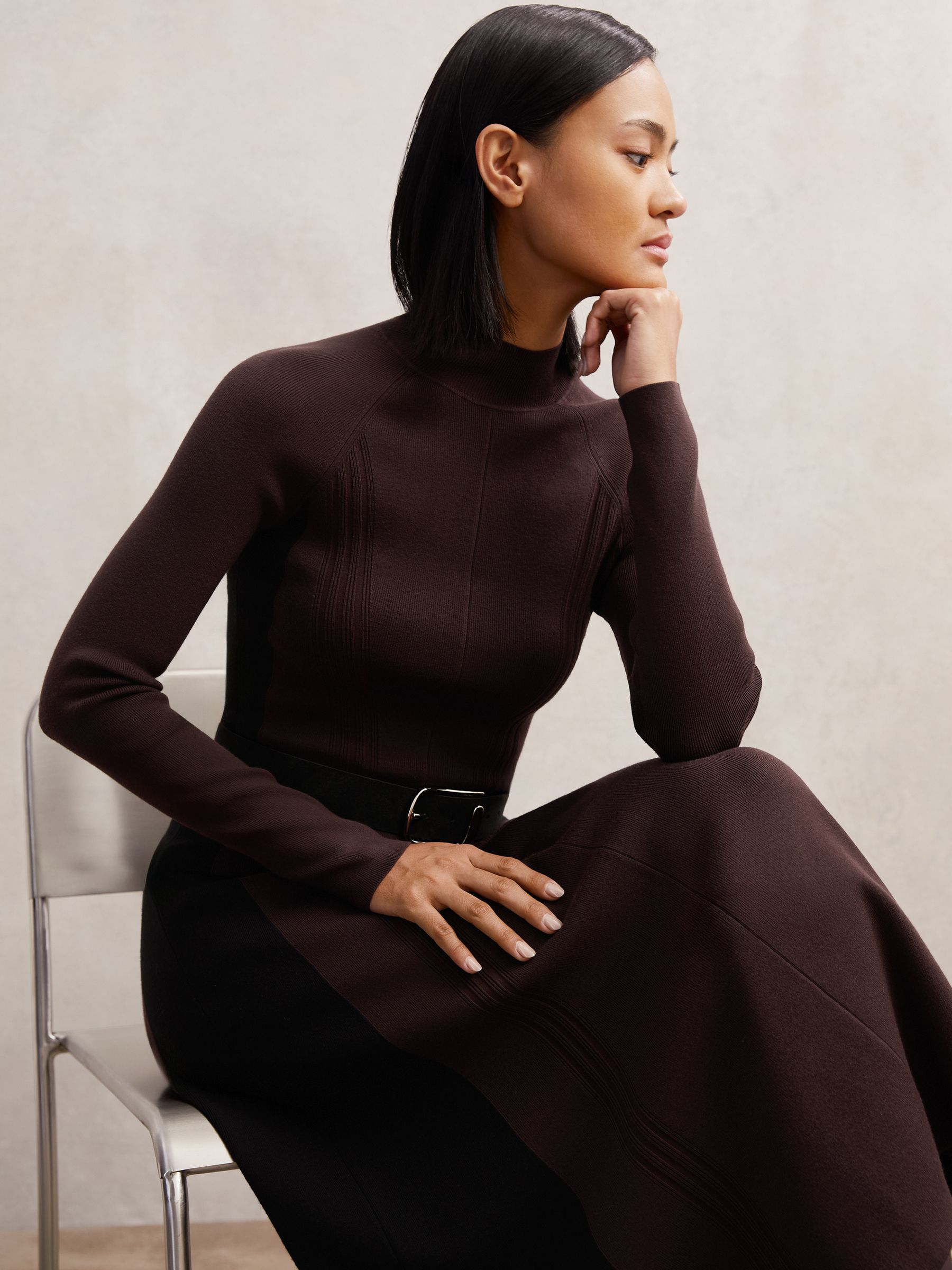 Petite Knitted Contrast-Panel Midi Dress in Plum Purple/Black