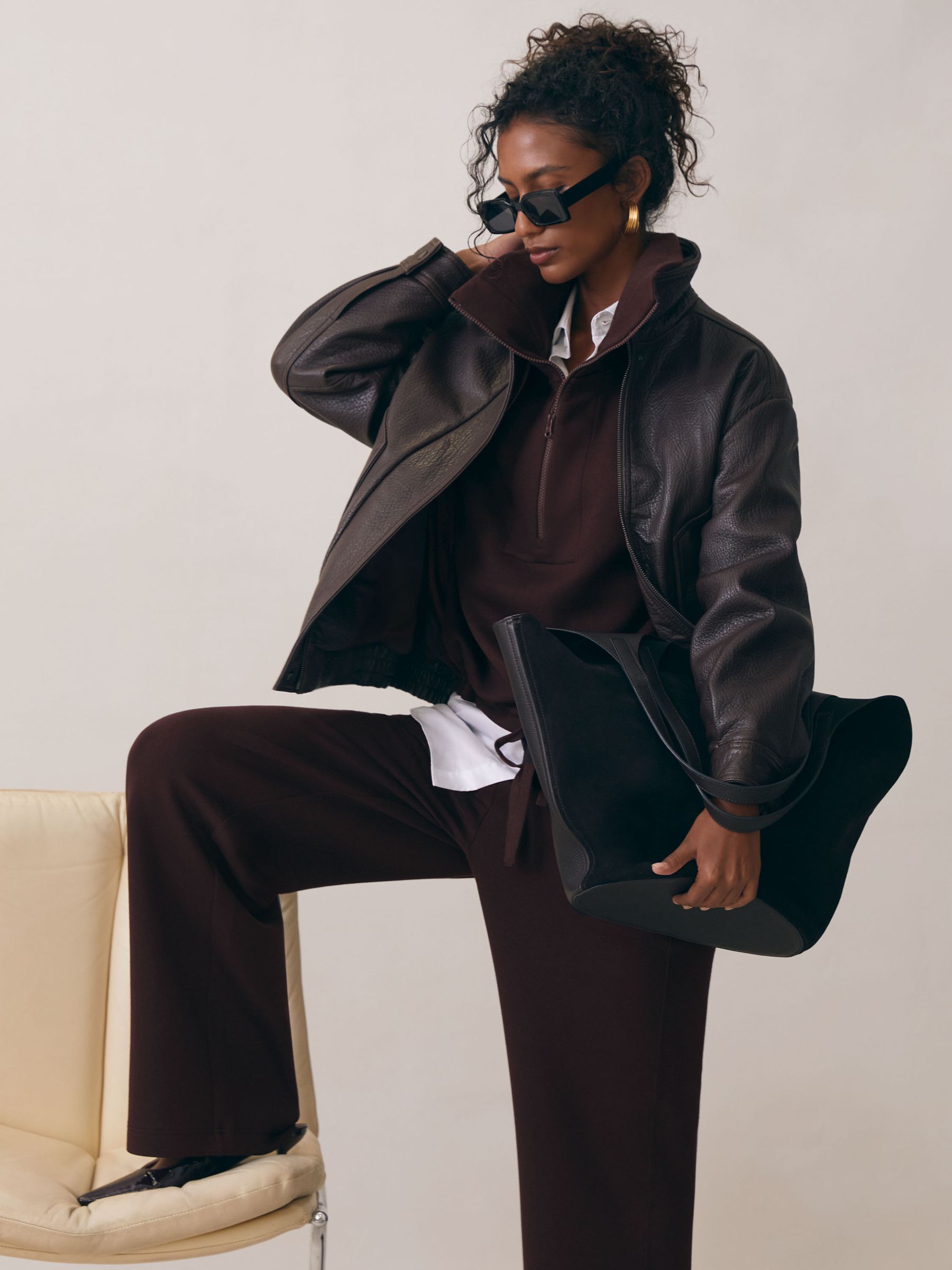 Wide-Leg Interlock Drawstring Joggers in Plum