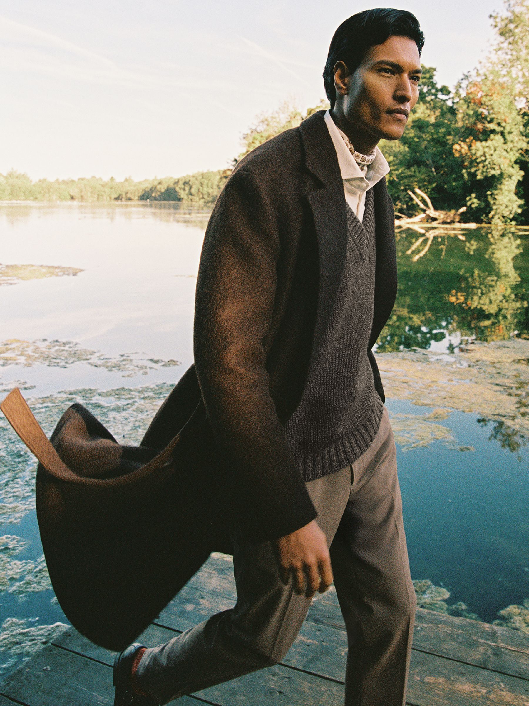 Bouclé Double-Breasted Overcoat Wool-Blend in Chocolate Brown