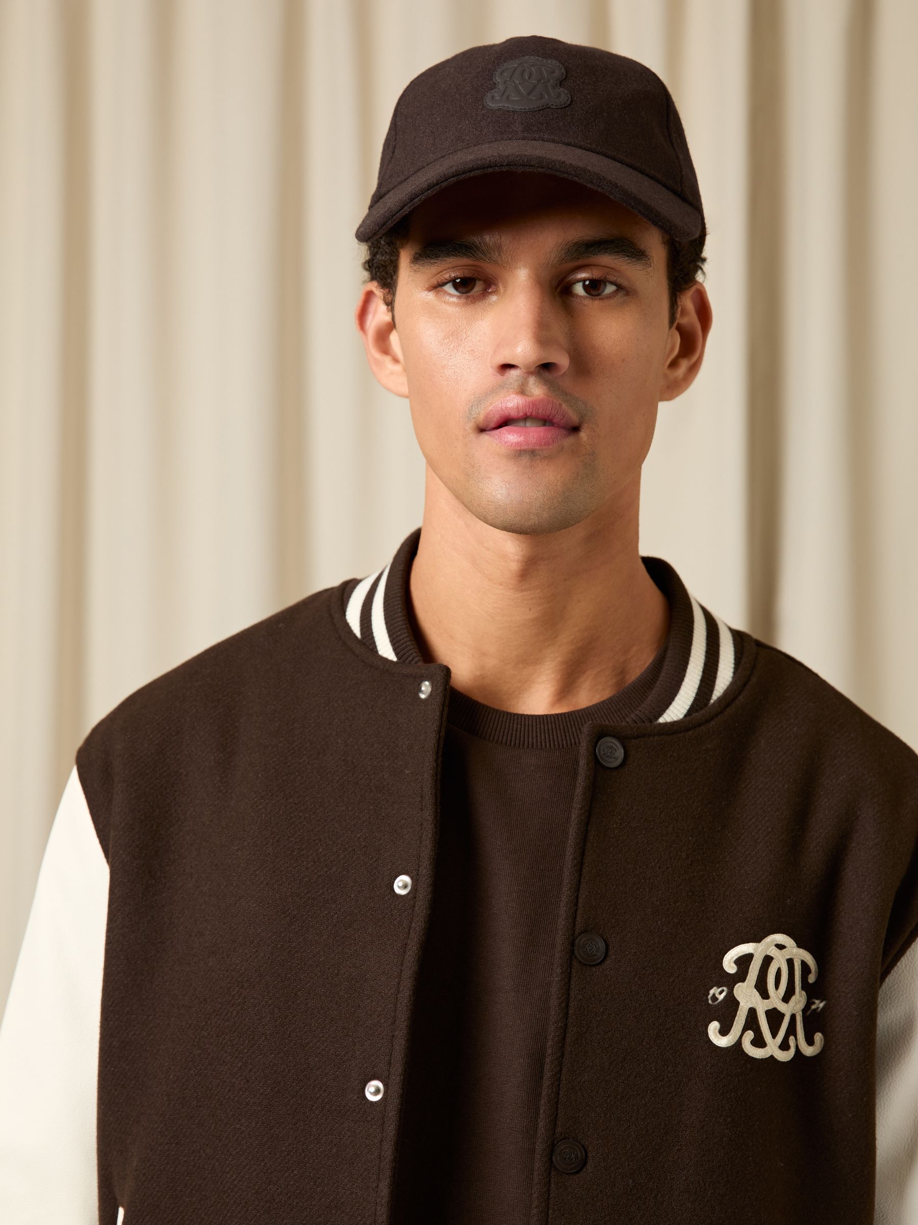 Monogram Appliqué Wool-Blend Cap in Oatmeal Brown
