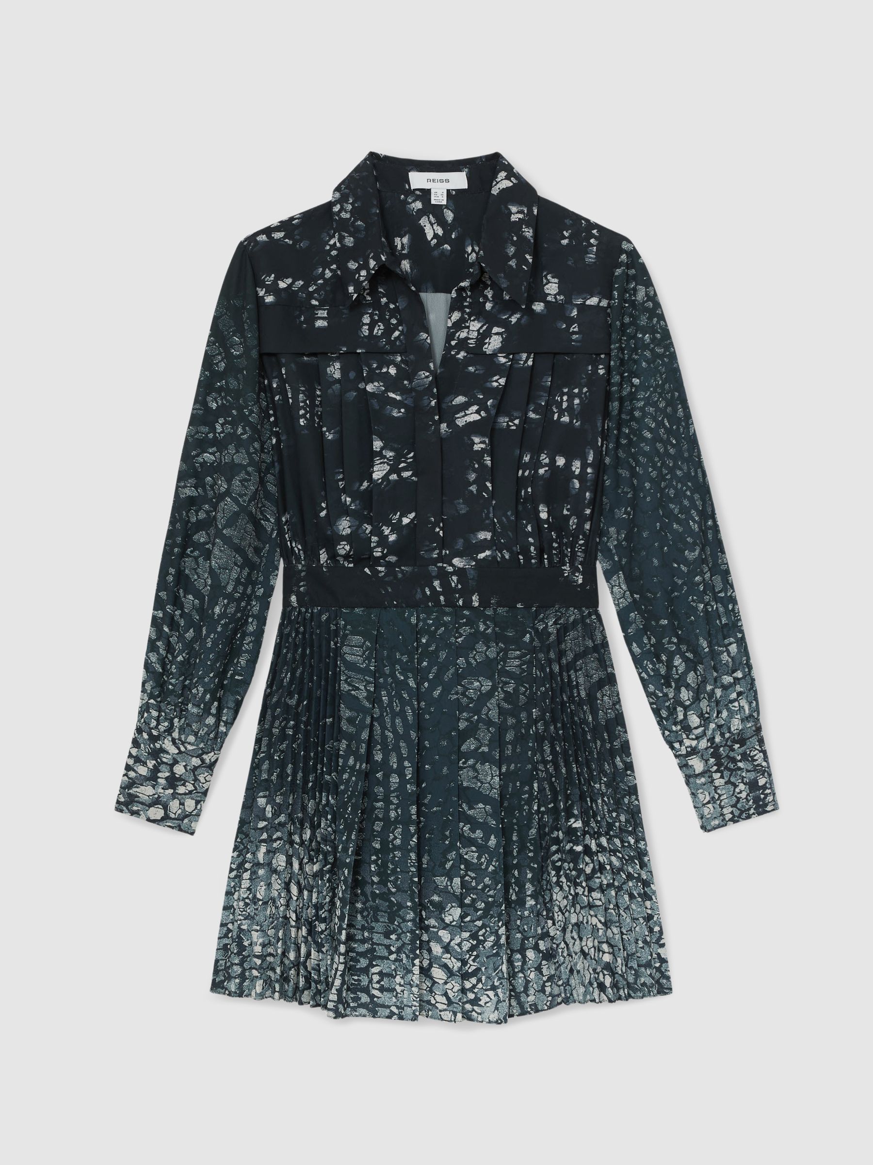 Printed Pleated Shirt Dress in Navy