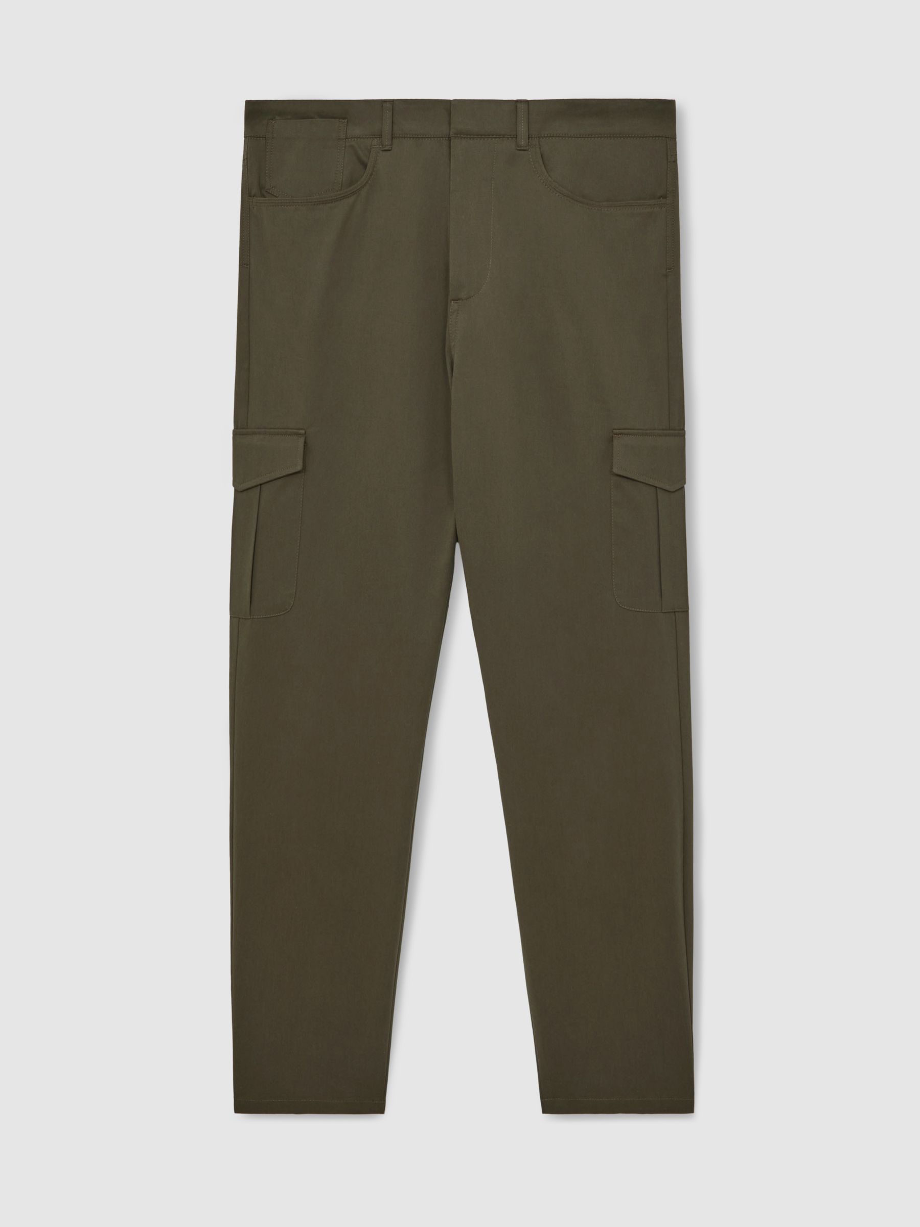 Cotton Tapered Cargo Trousers With Stretch in Olive Green