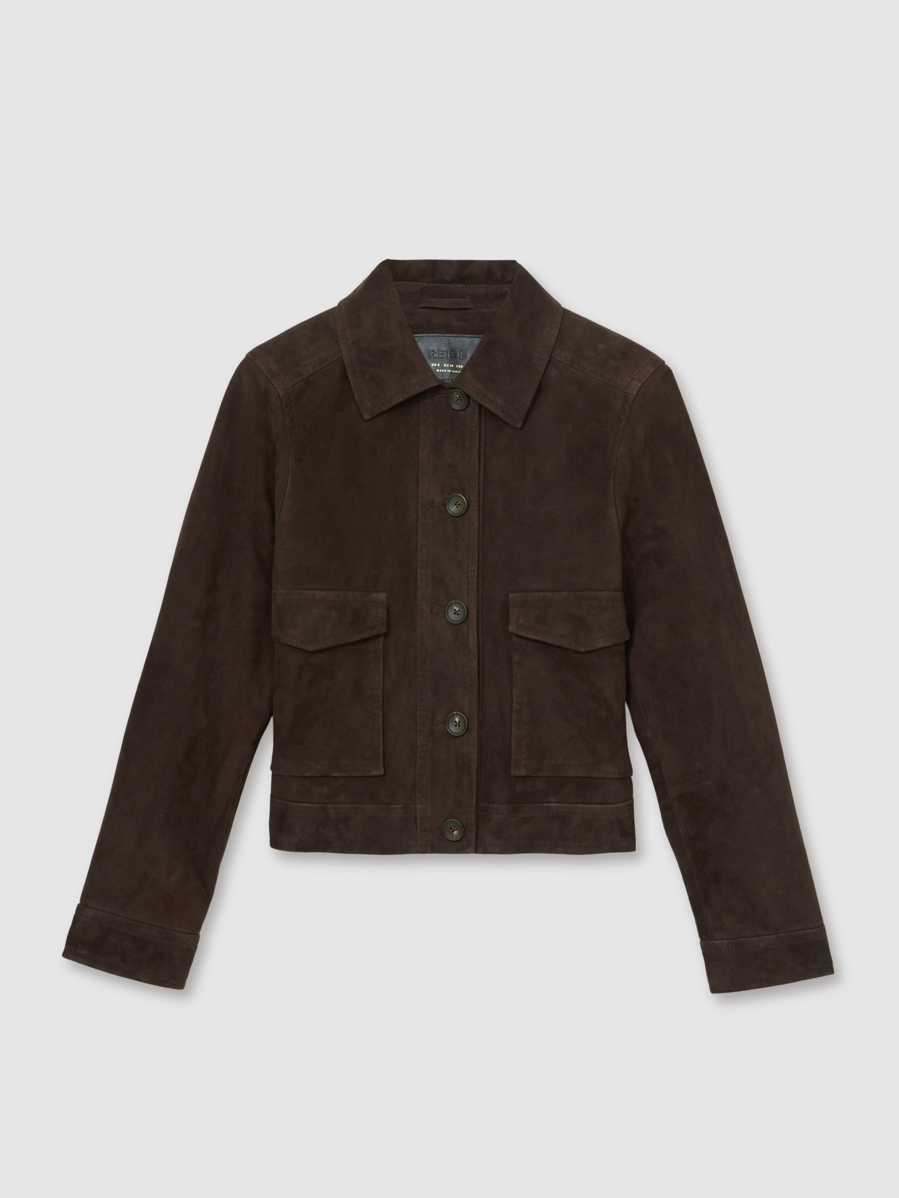 Petite Suede Trucker Jacket in Chocolate Brown