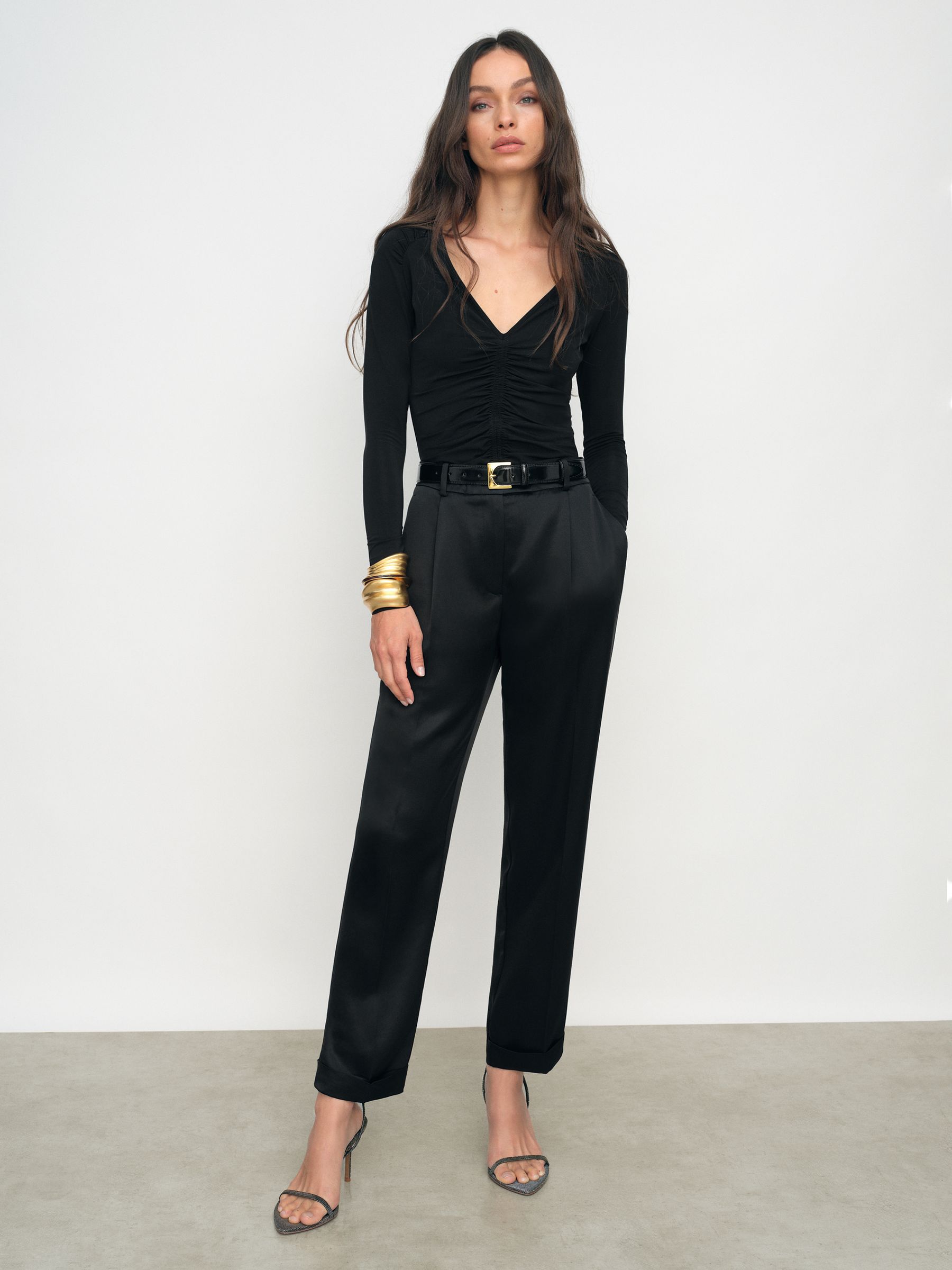 Ruched Mesh V-Neck Top in Black