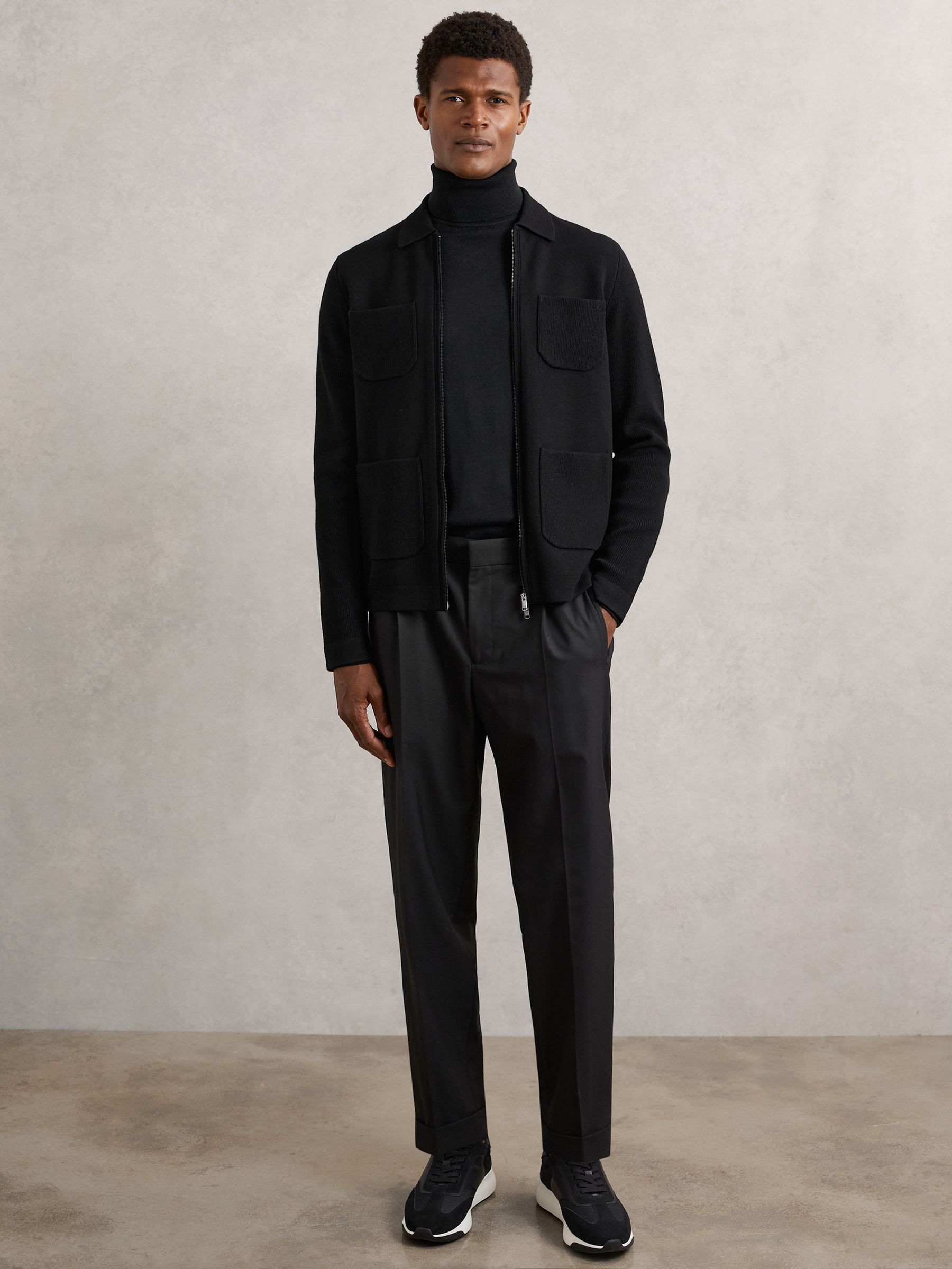 Four-Pocket Zip-Through Cardigan in Black