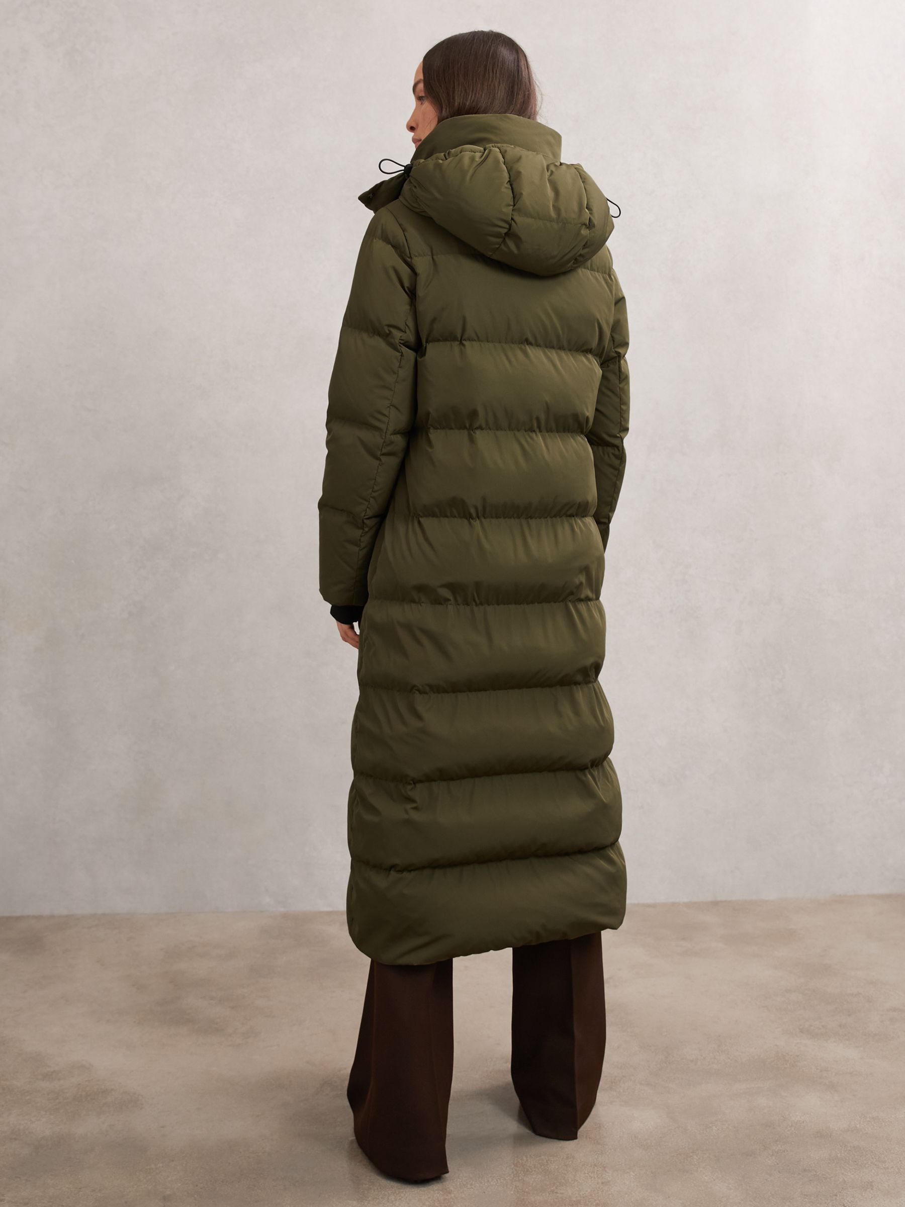 Petite Belted Longline Hooded Puffer Coat in Khaki