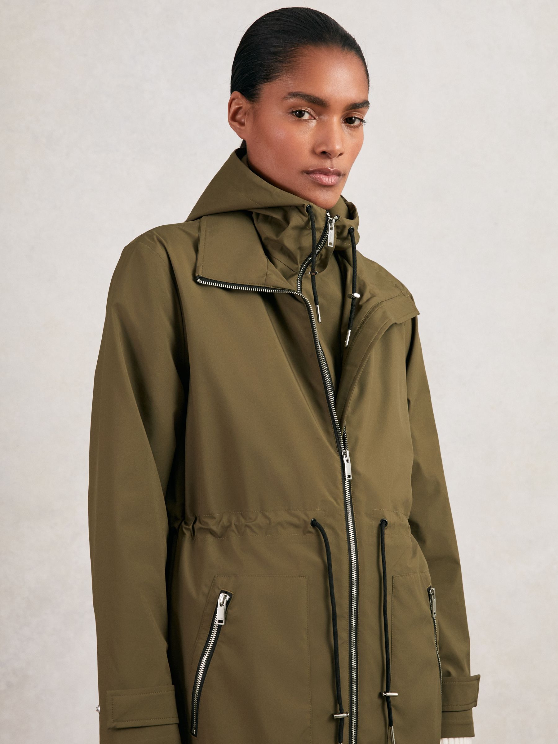 Petite Removable-Hood Parka Rain Coat in Khaki