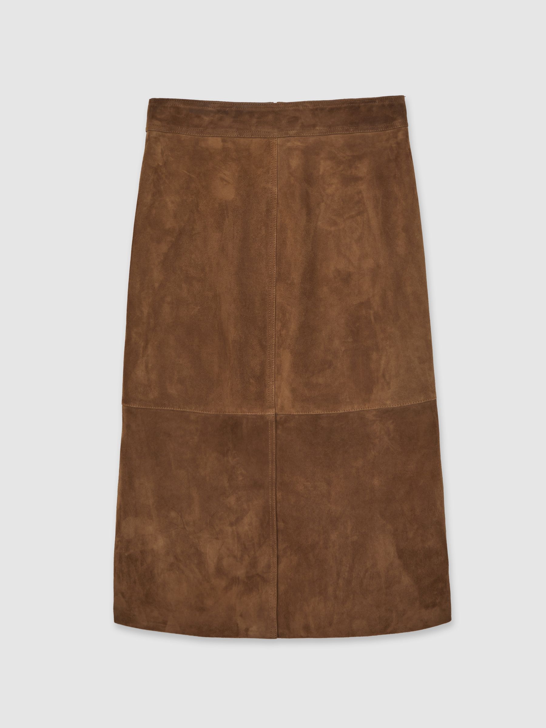 Suede Straight-Fit Midi Skirt in Tan Brown