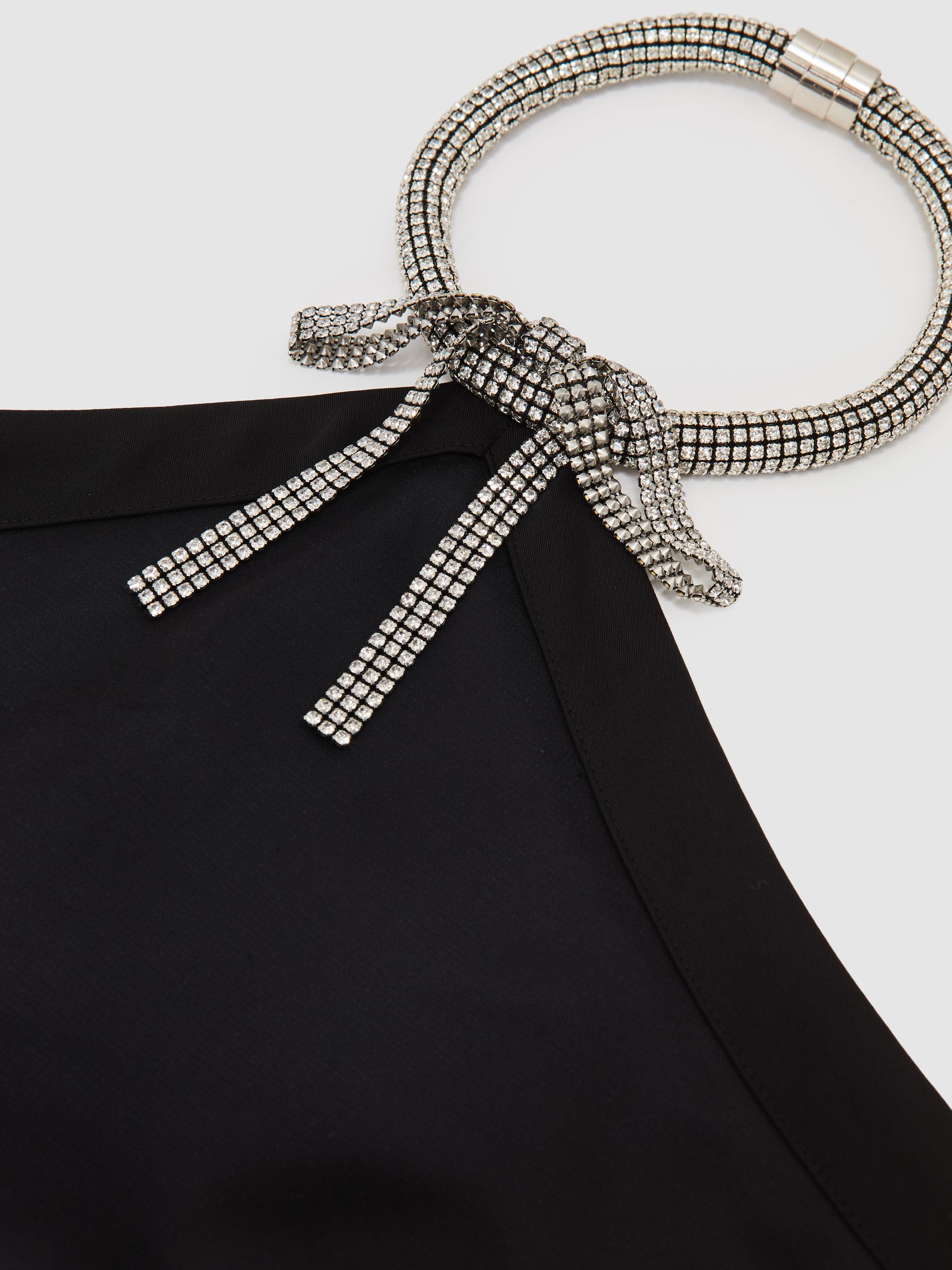 Satin Crystal-Necklace Mini Dress in Black