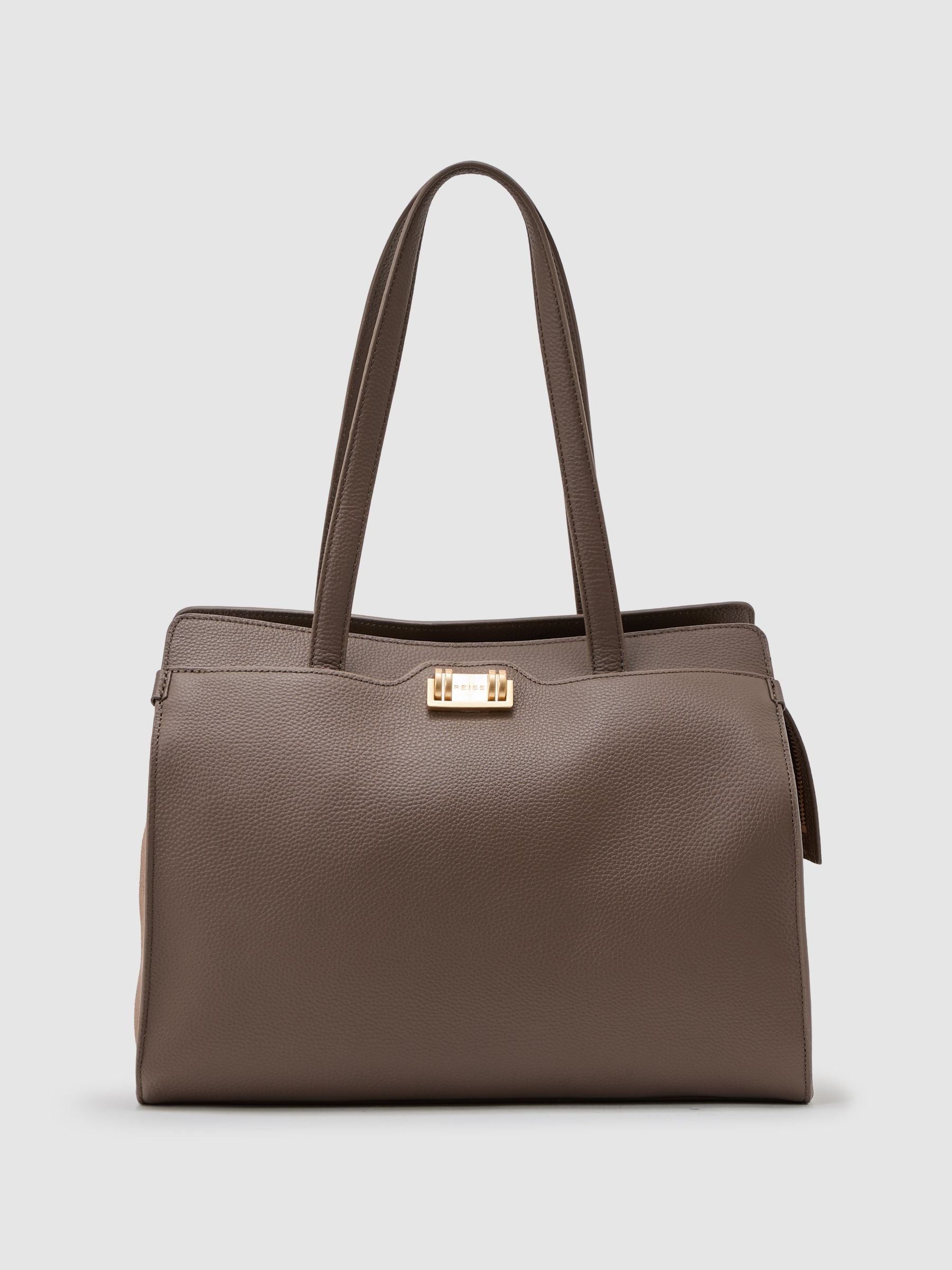 Grained Leather Tote Bag in Taupe