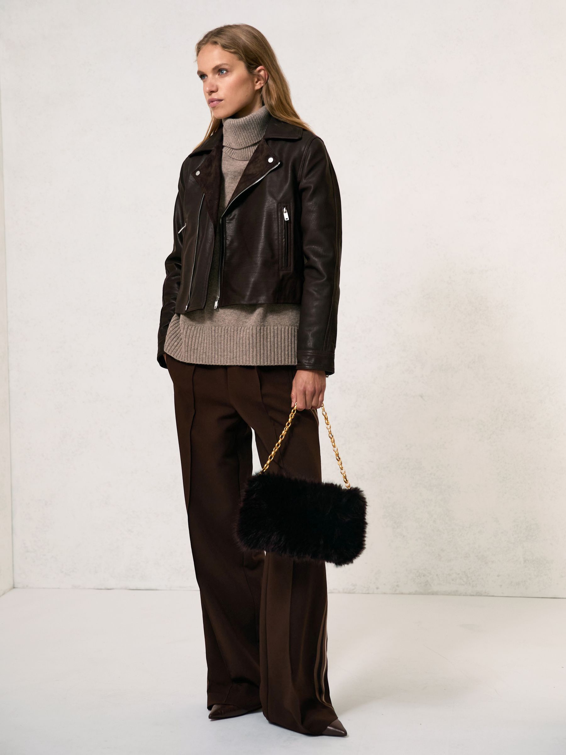 Petite Suede-Lapel Leather Biker Jacket in Chocolate Brown
