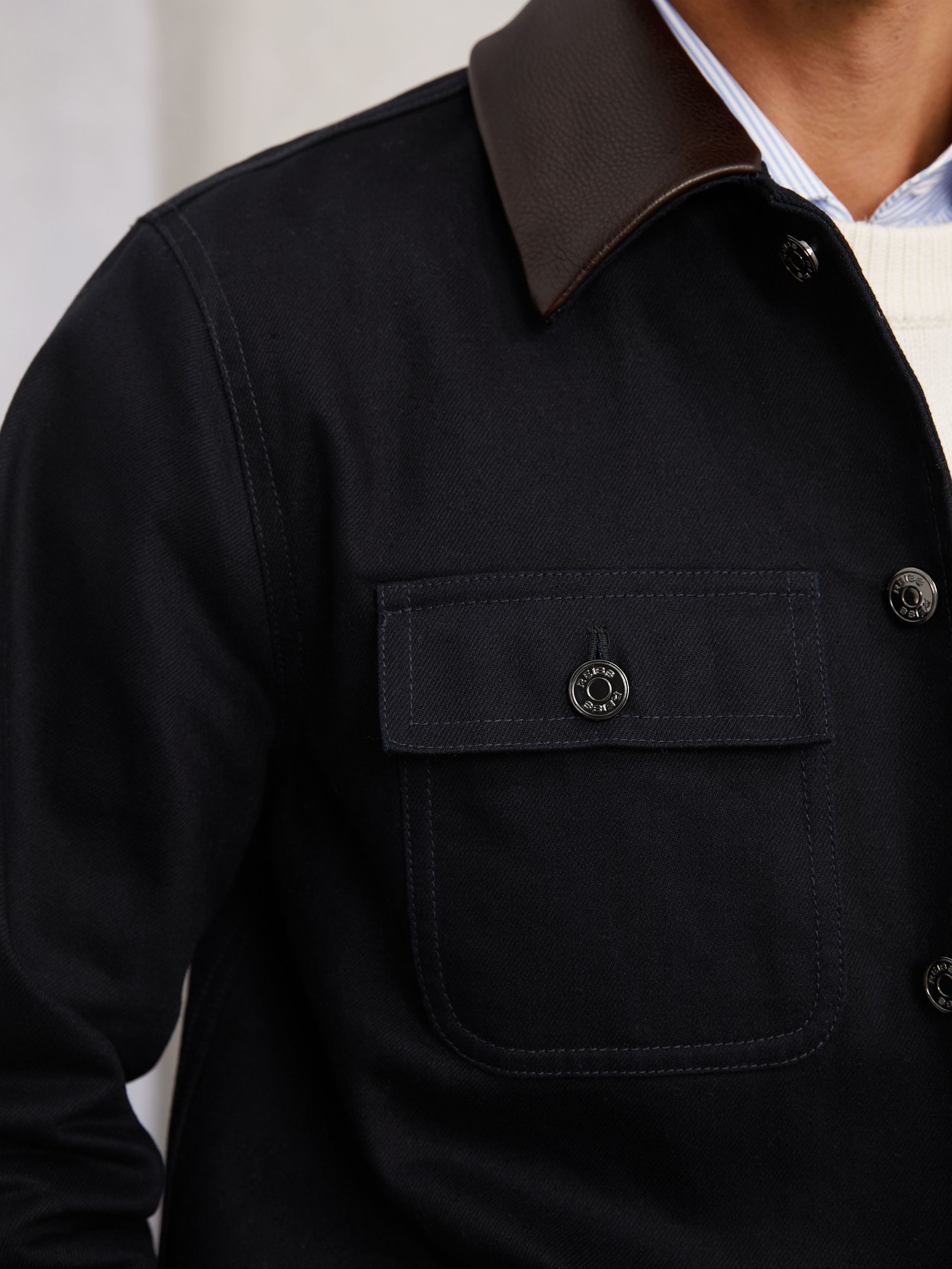 Denim Leather-Collar Worker Jacket in Indigo Blue