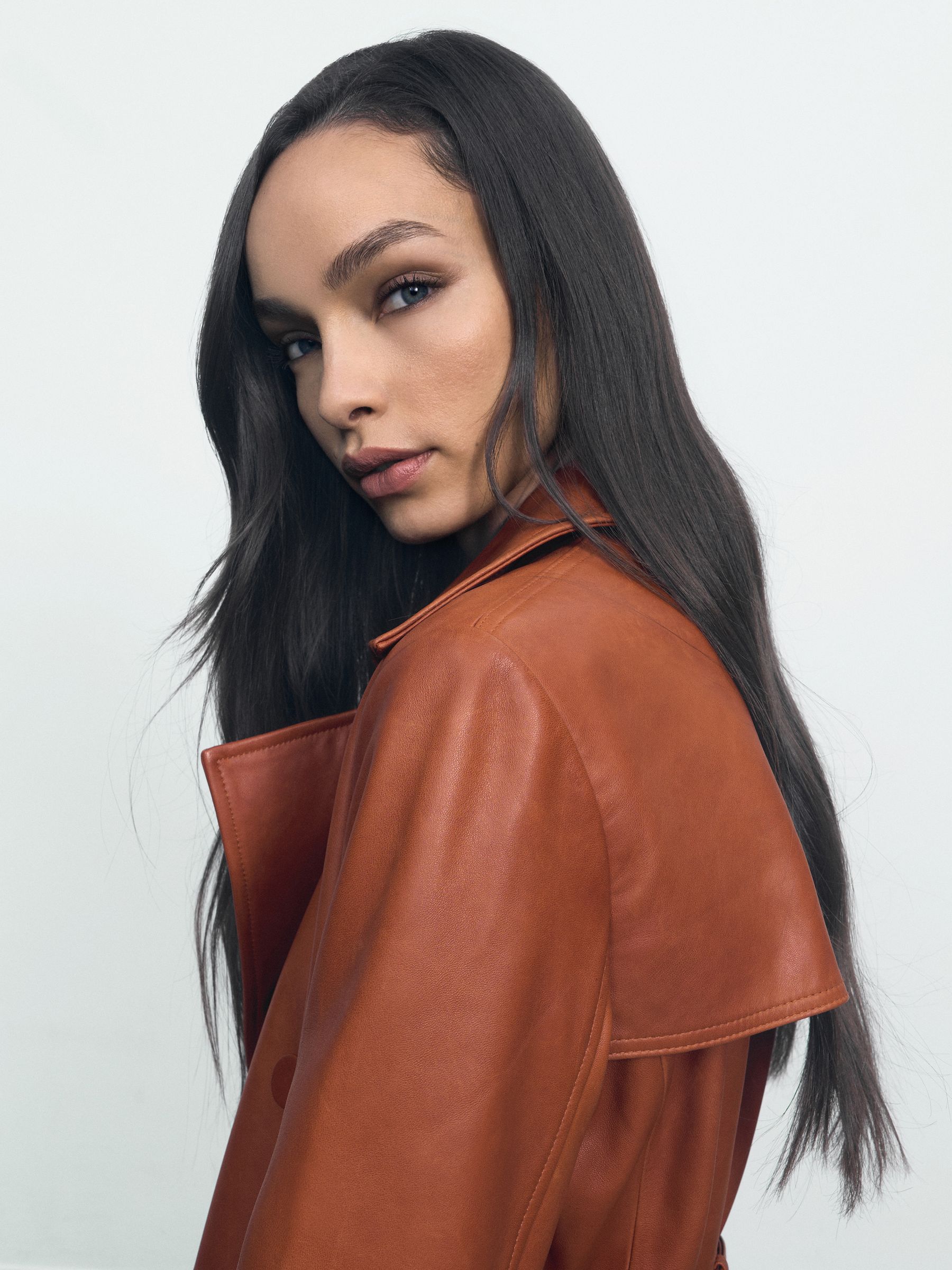 Leather Double-Breasted Trench Coat in Tan