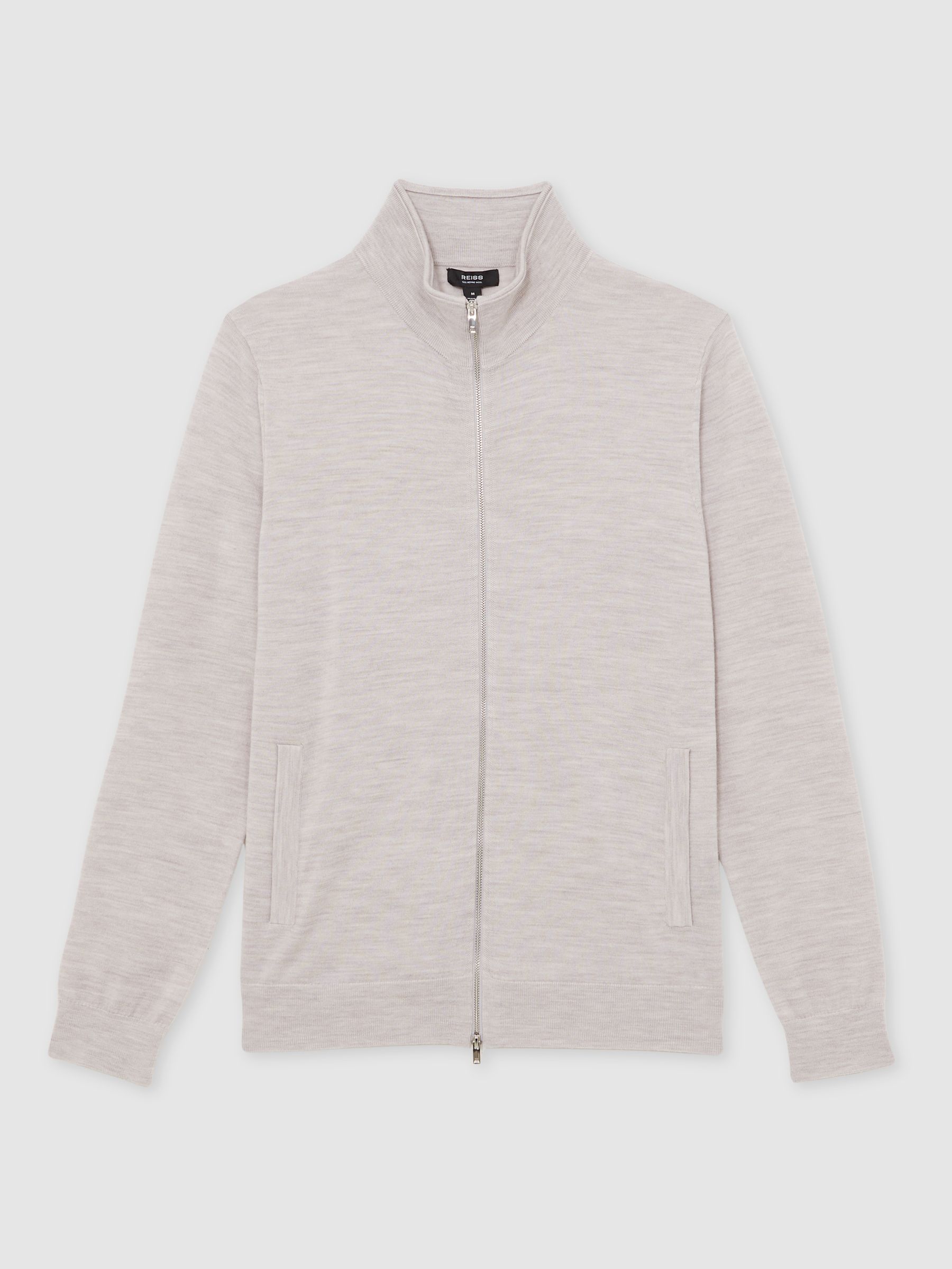 Merino Wool Zip Through Cardigan in Wicker Brown Melange