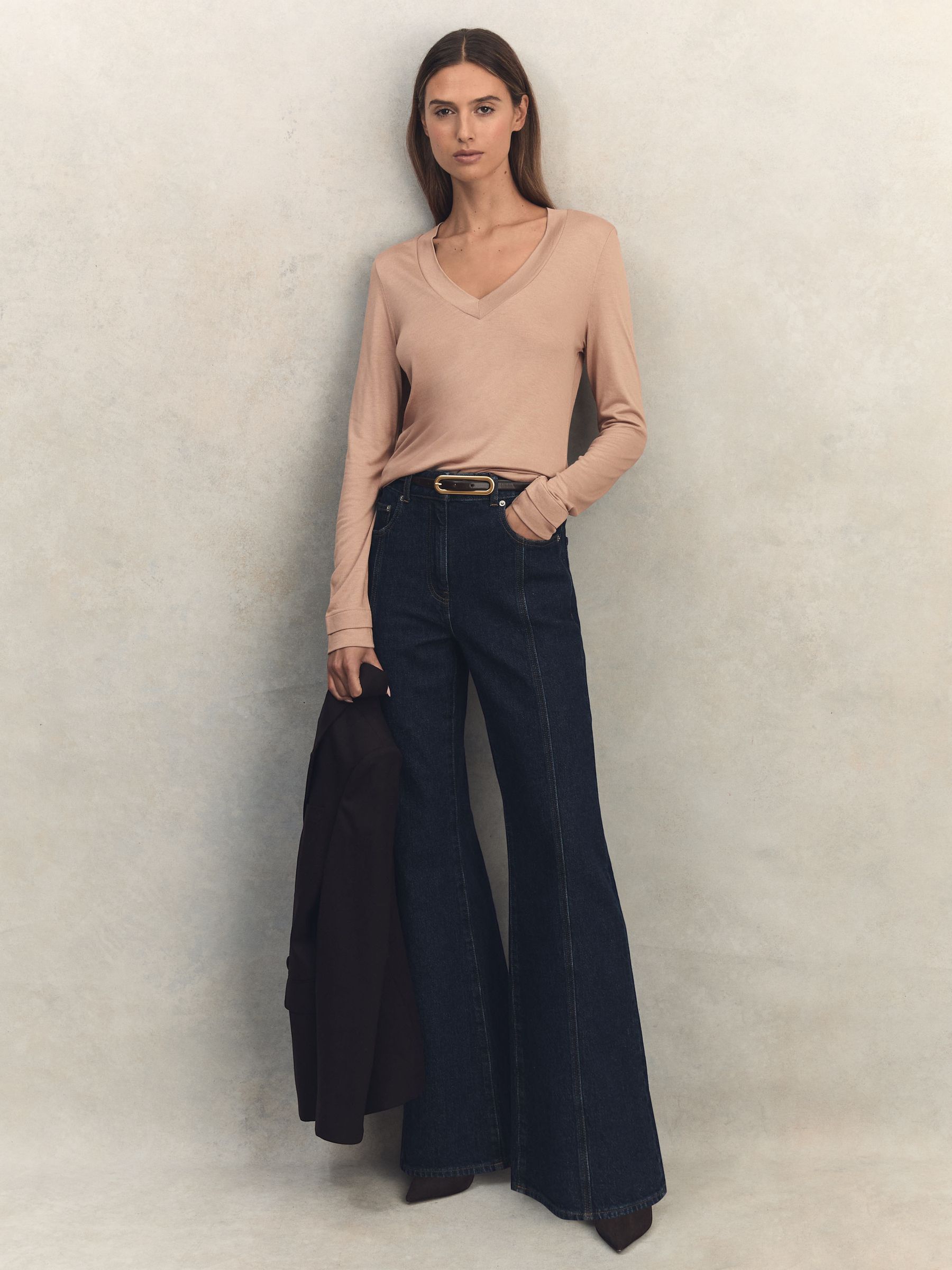 Jersey V-Neck Top in Camel