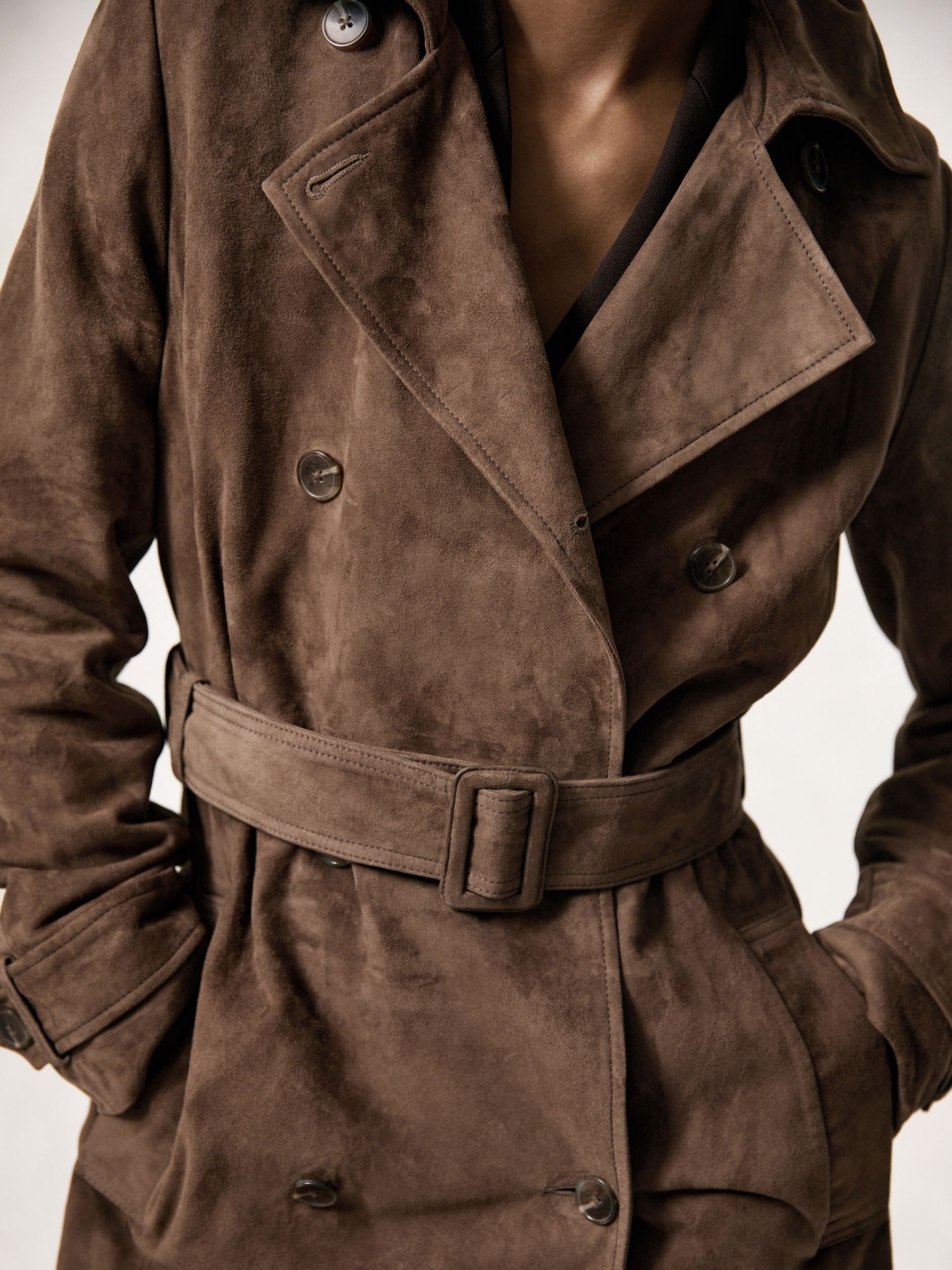 Suede Belted Trench Coat in Taupe Neutral