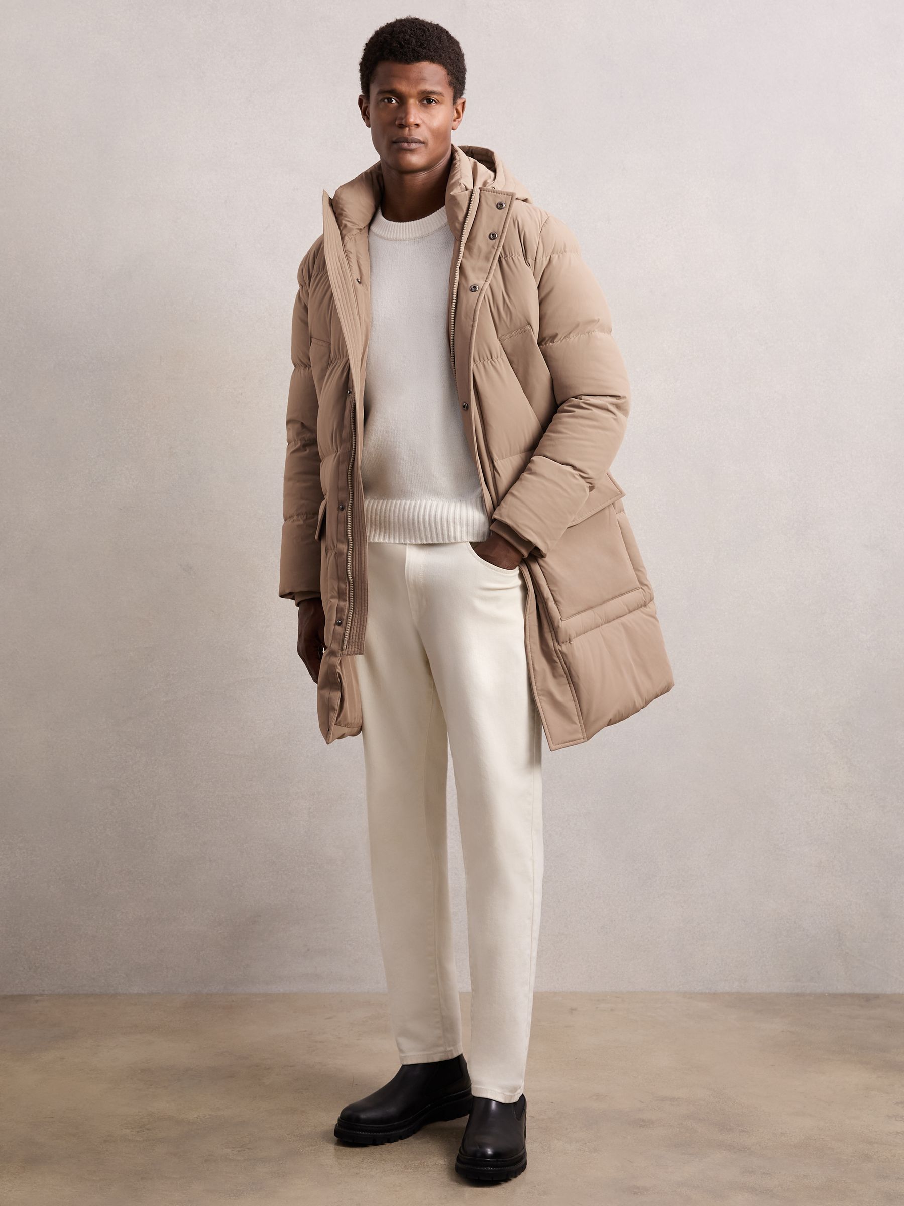 Longline Quilted Puffer Jacket in Light Camel Brown