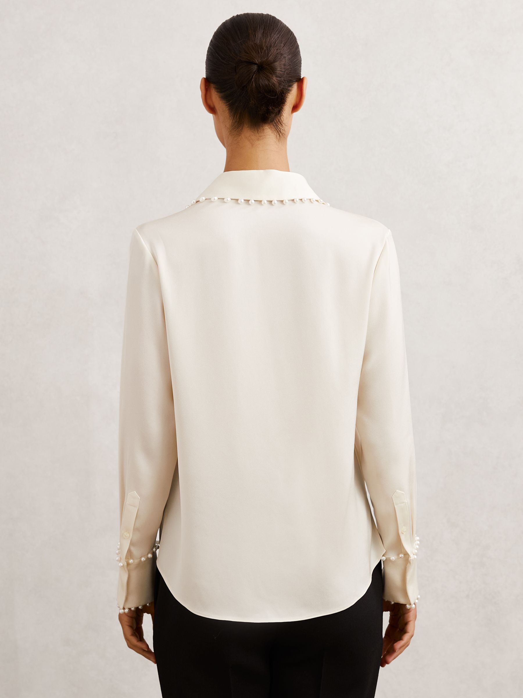 Satin Faux-Pearl Trim Shirt in Ivory