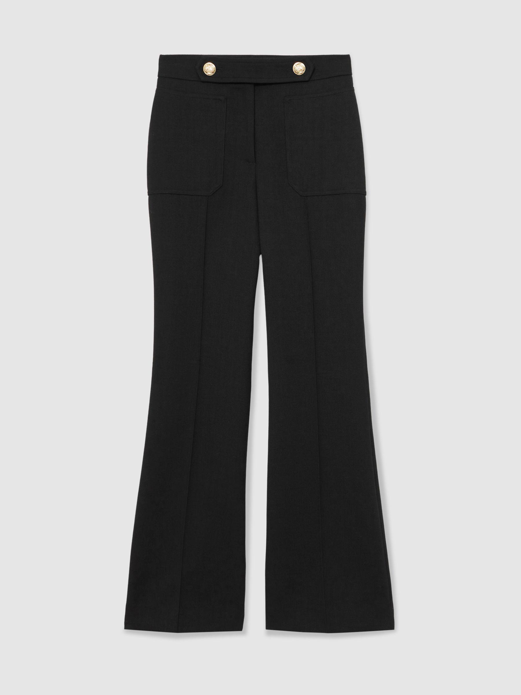 Petite Twill Button-Tab Flared Trousers With Wool in Black