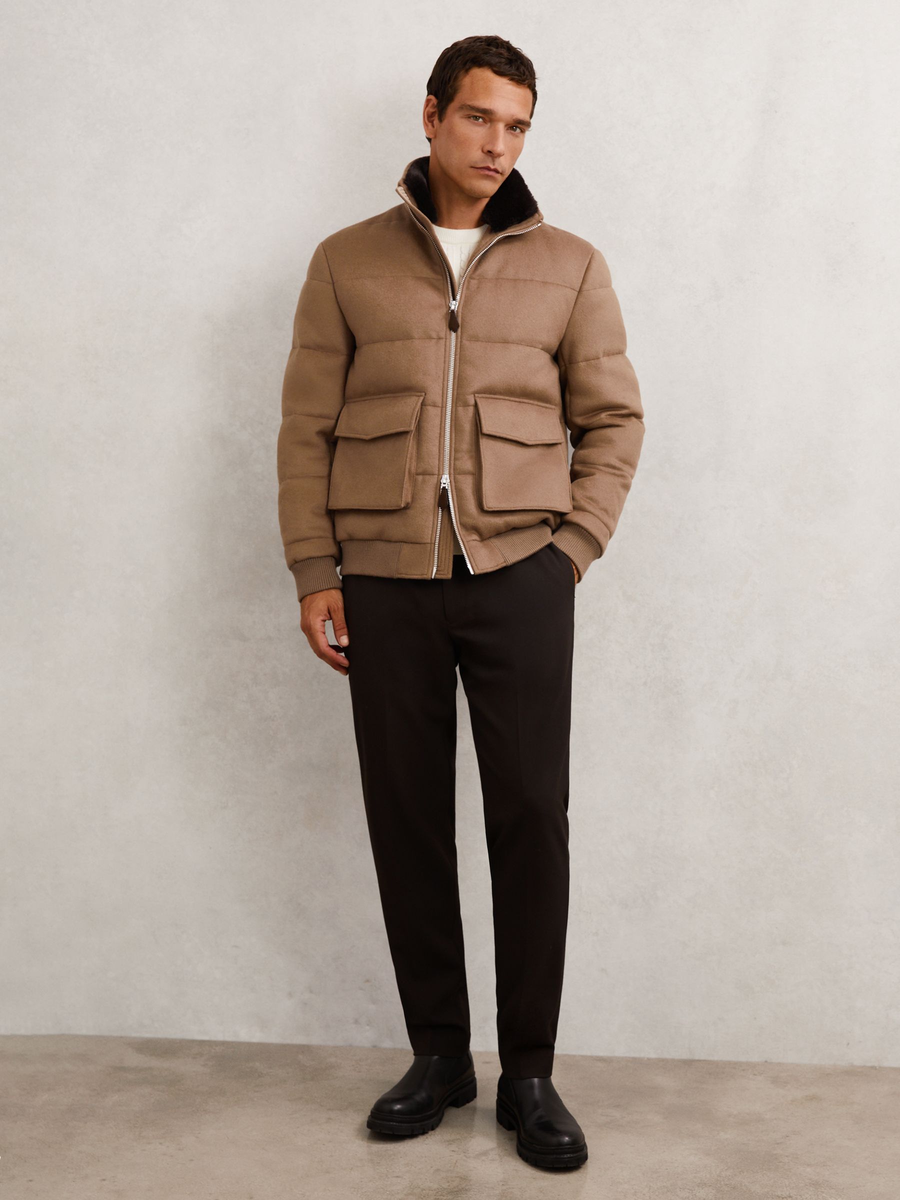 Faux-Fur Collar Quilted Puffer Jacket in Light Brown