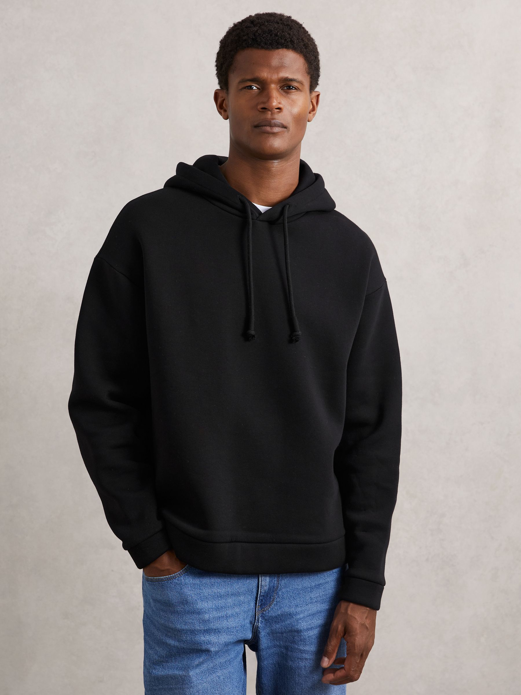 Cotton-Blend Fleece-Back Hoodie in Black