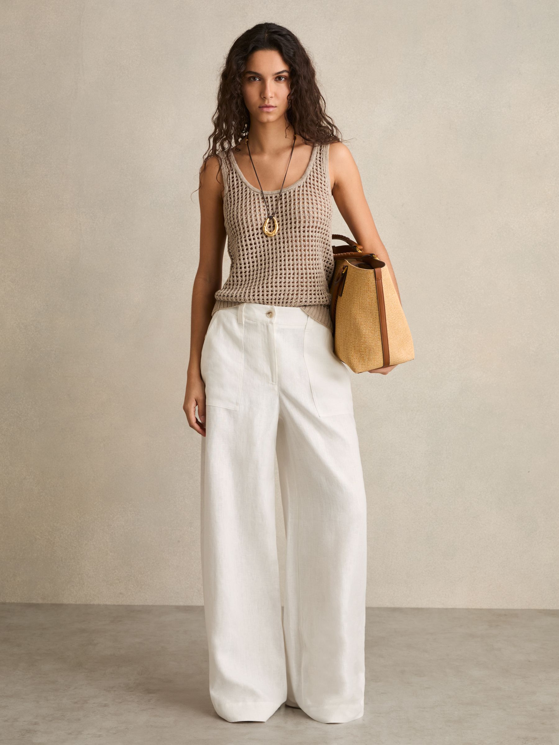 Linen Wide-Leg Trousers in Khaki