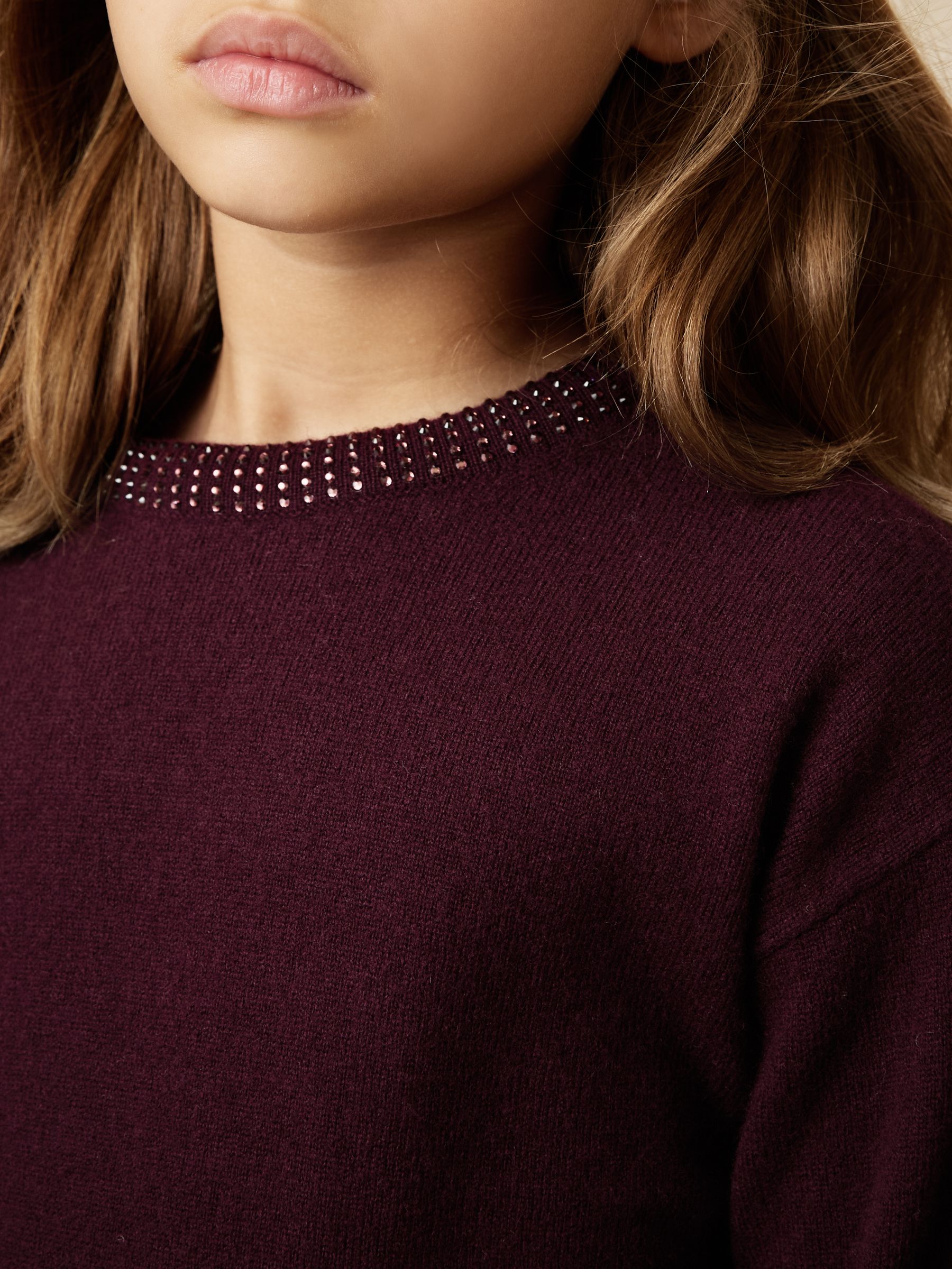 3-9 yrs Wool-Blend Crystal-Neckline Jumper With Cashmere in Berry