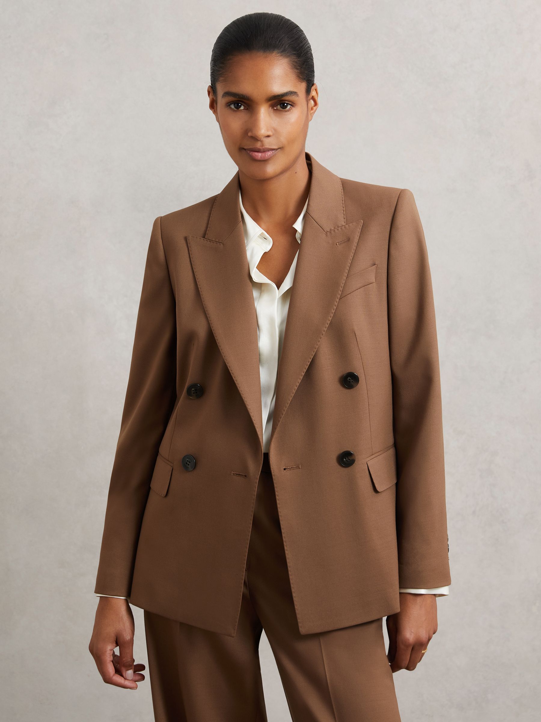 Wool-Blend Double-Breasted Suit Blazer in Tan