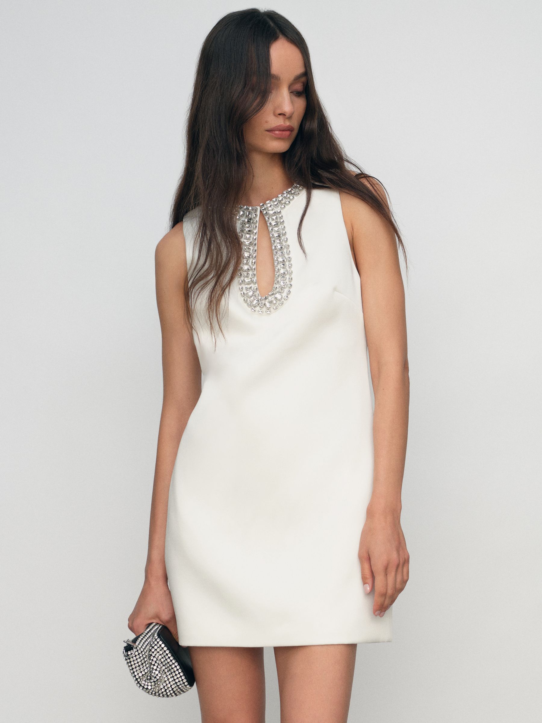 Satin Crystal-Embellished Mini Dress in Ivory