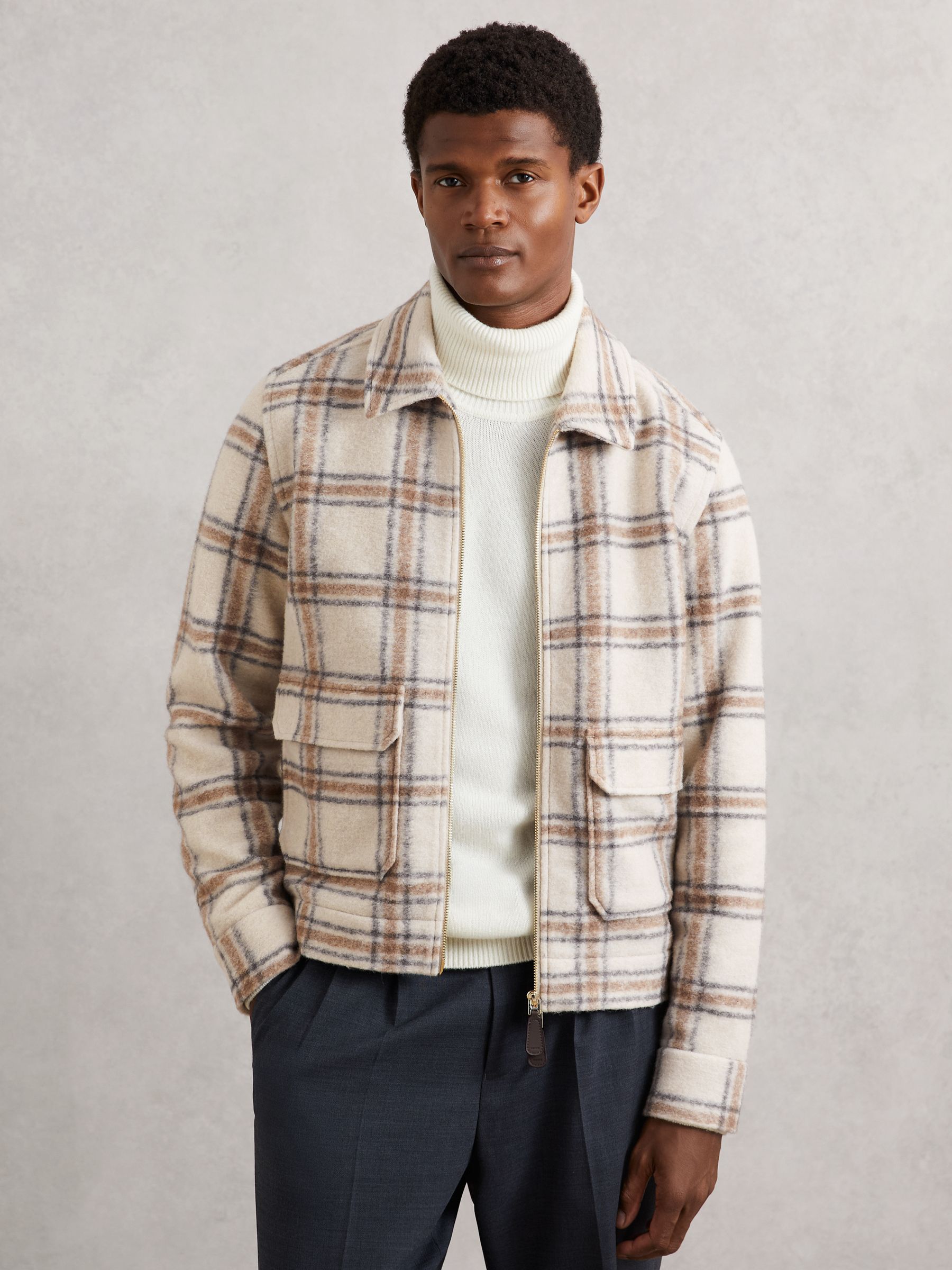 Zip-Through Check Overshirt with Wool in Stone