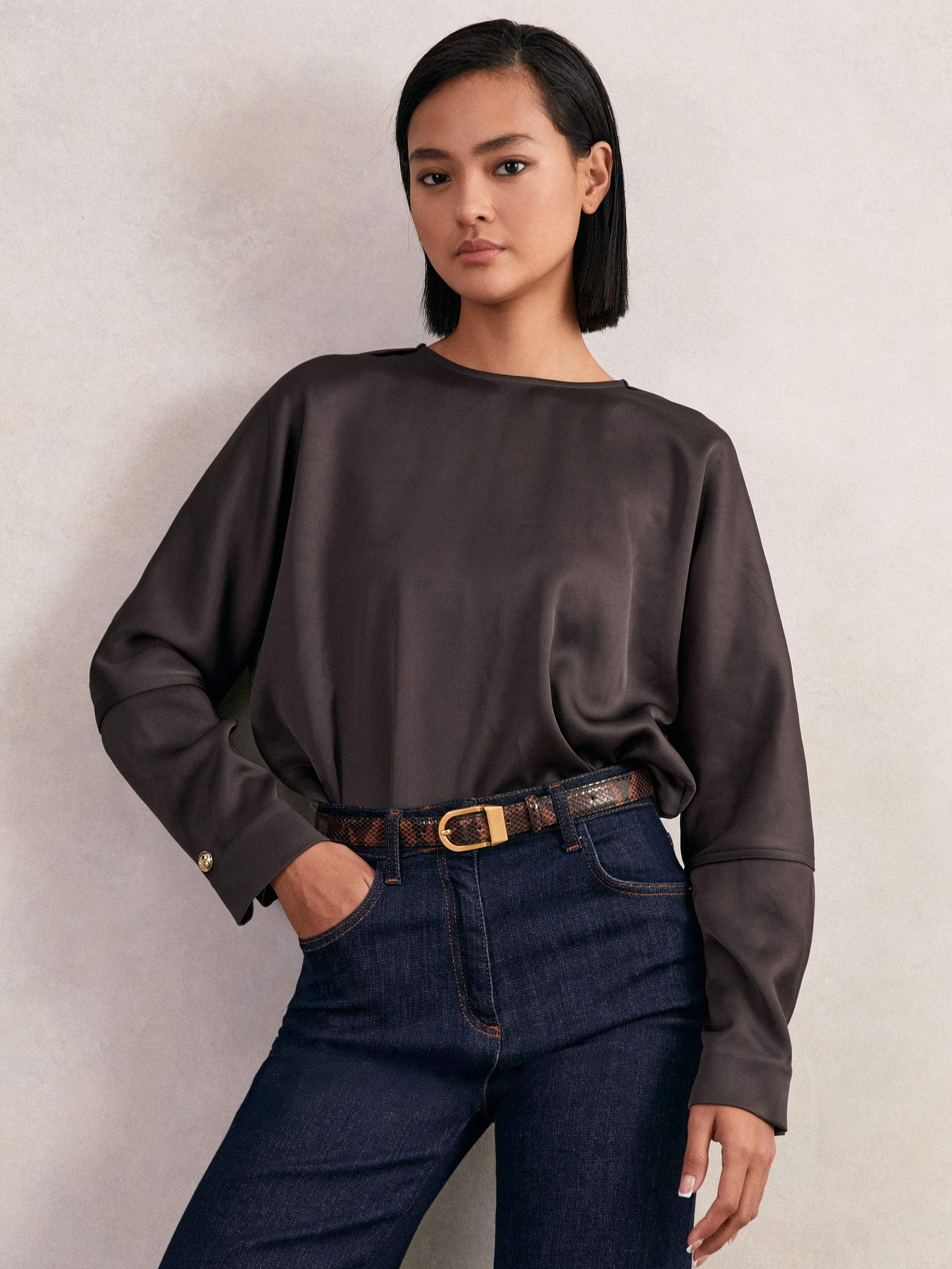 Satin Button-Back Long-Sleeve Top in Mauve