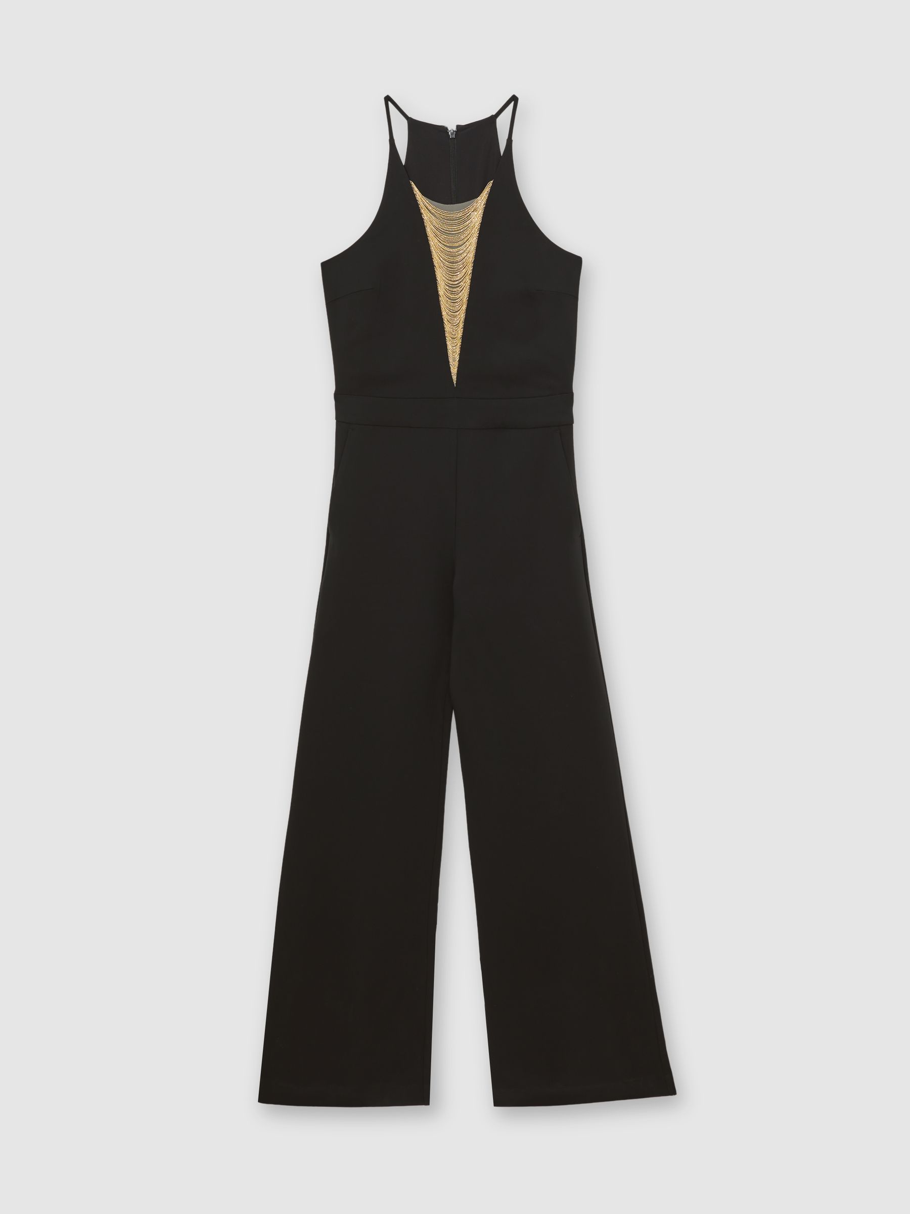 Chain-Detail Flared-Leg Jumpsuit in Black