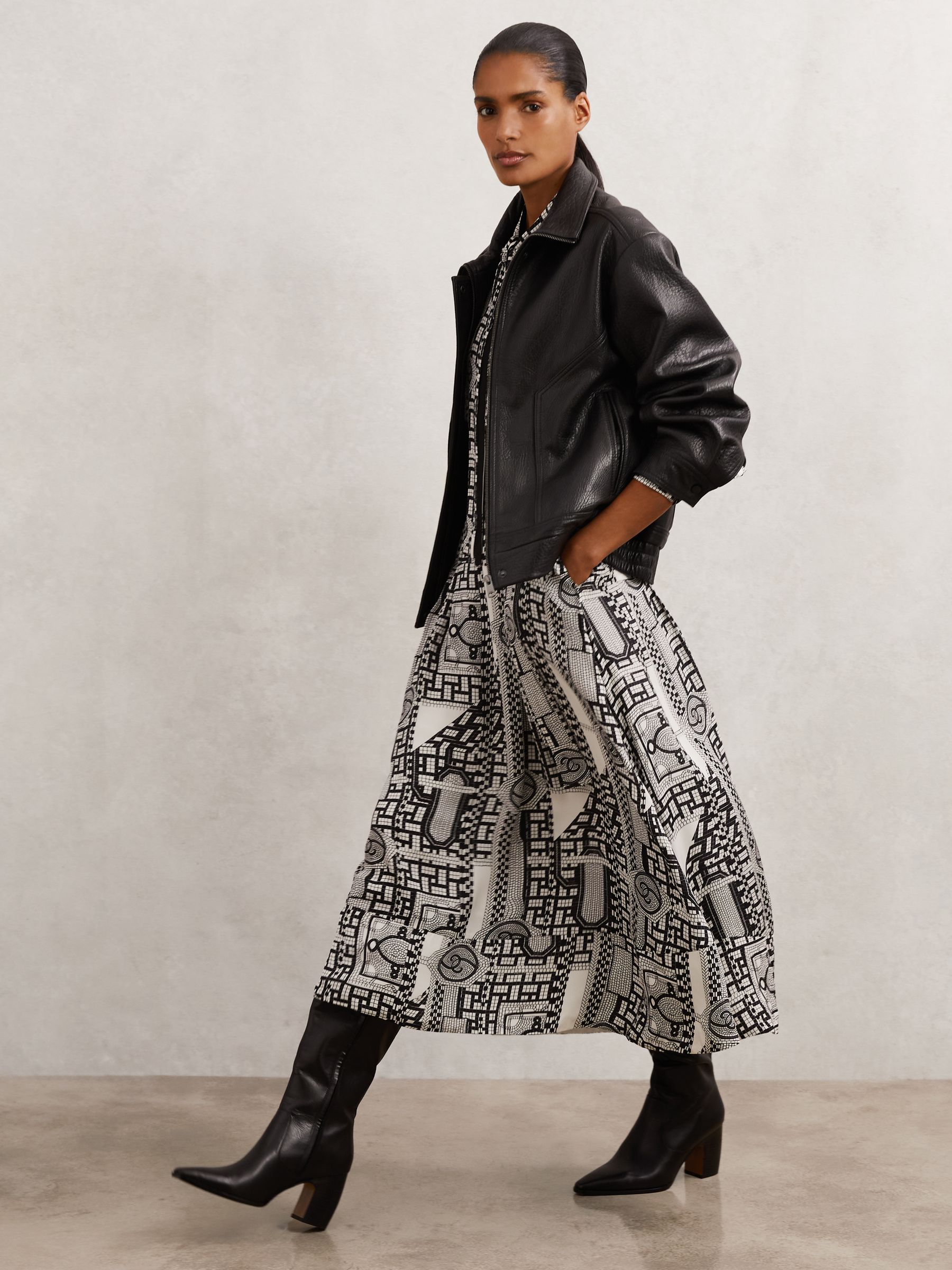 Geometric-Print Tie-Neck Dress in Black/Ivory