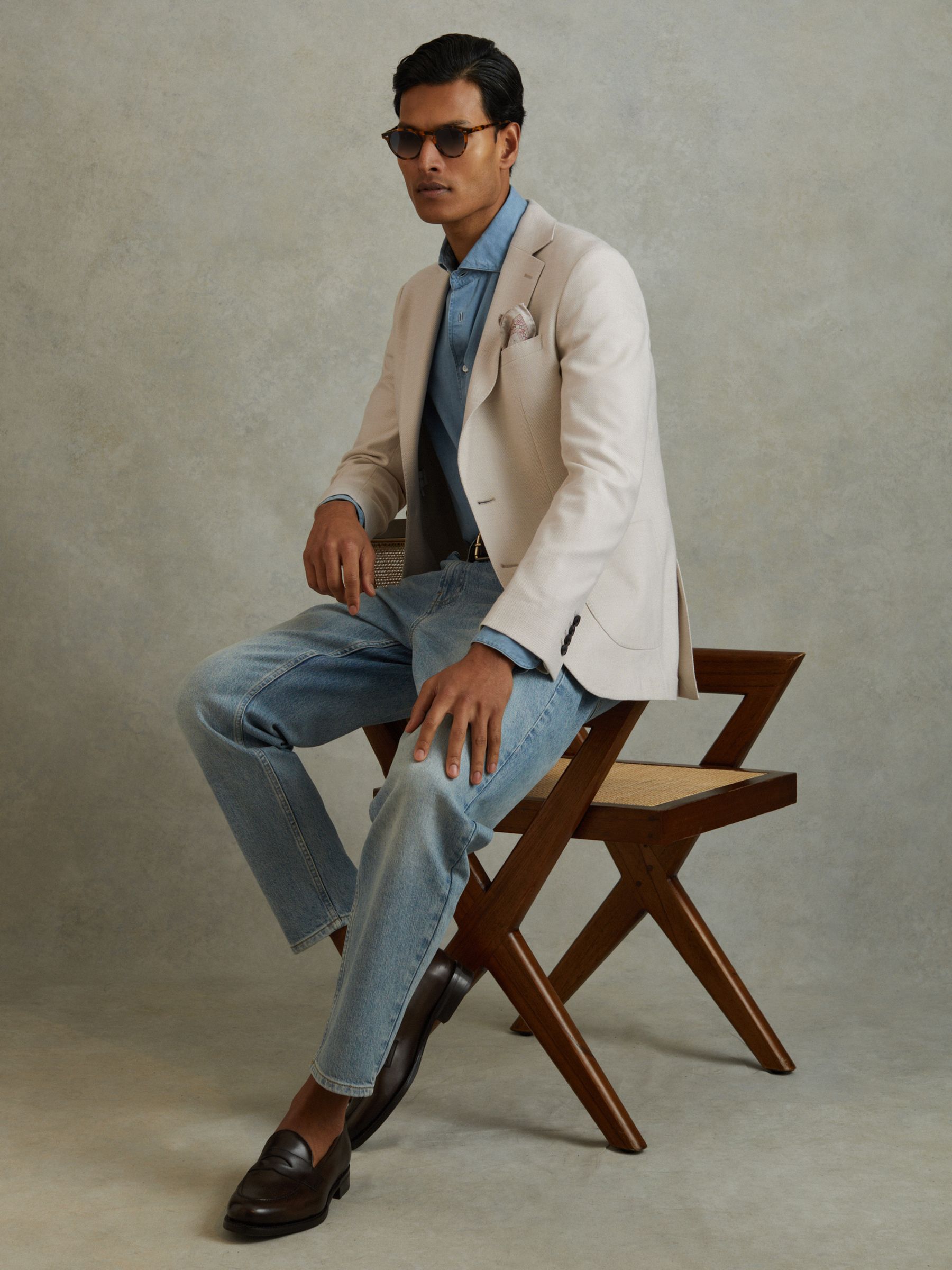 Single Breasted Blazer With Cotton in Stone