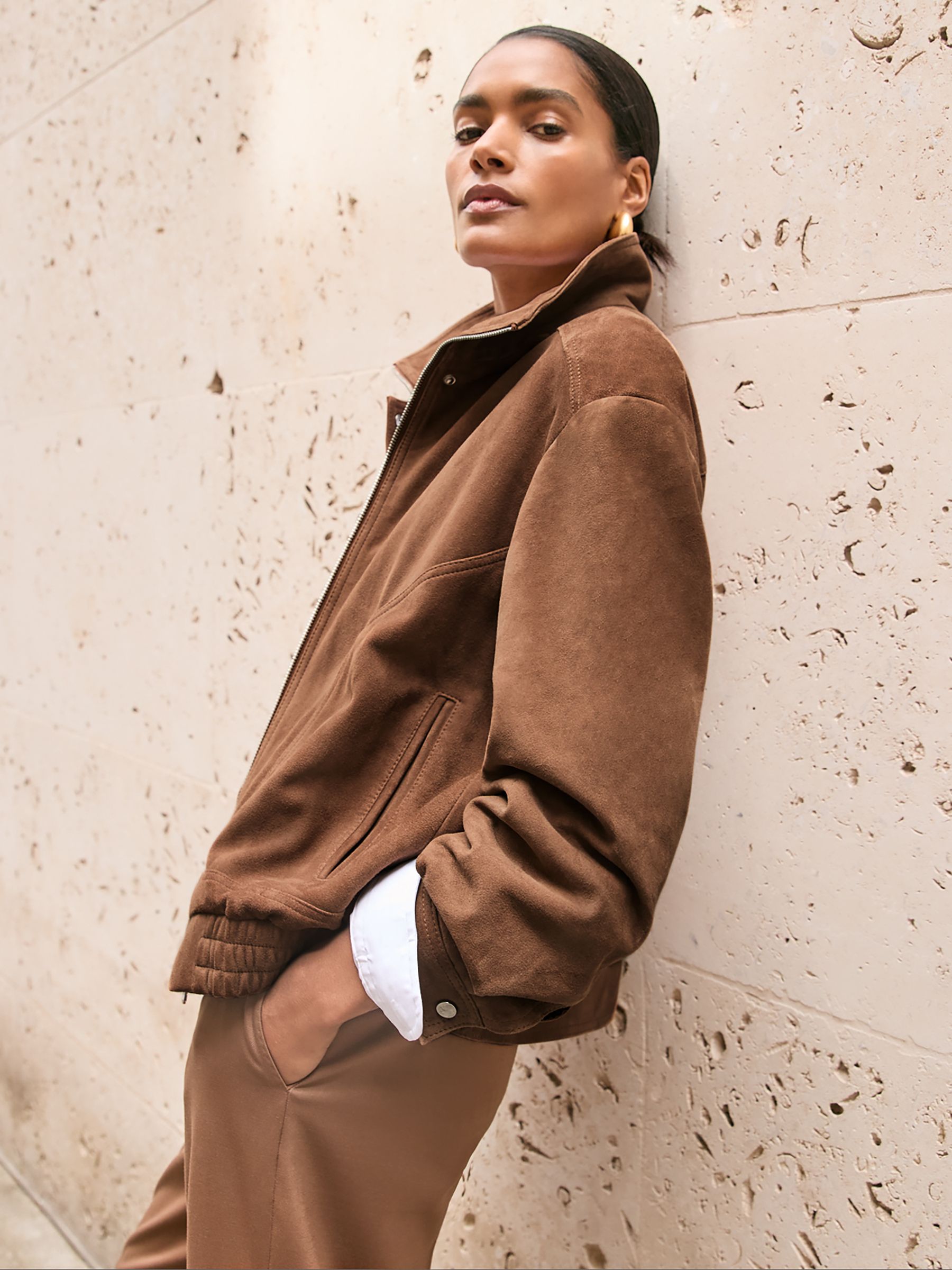 Suede Funnel-Neck Bomber Jacket in Tan