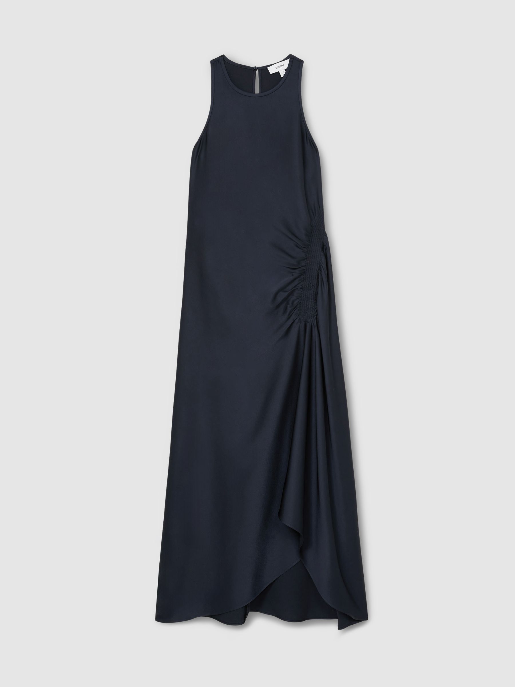 Satin Shirred Midi Dress in Navy