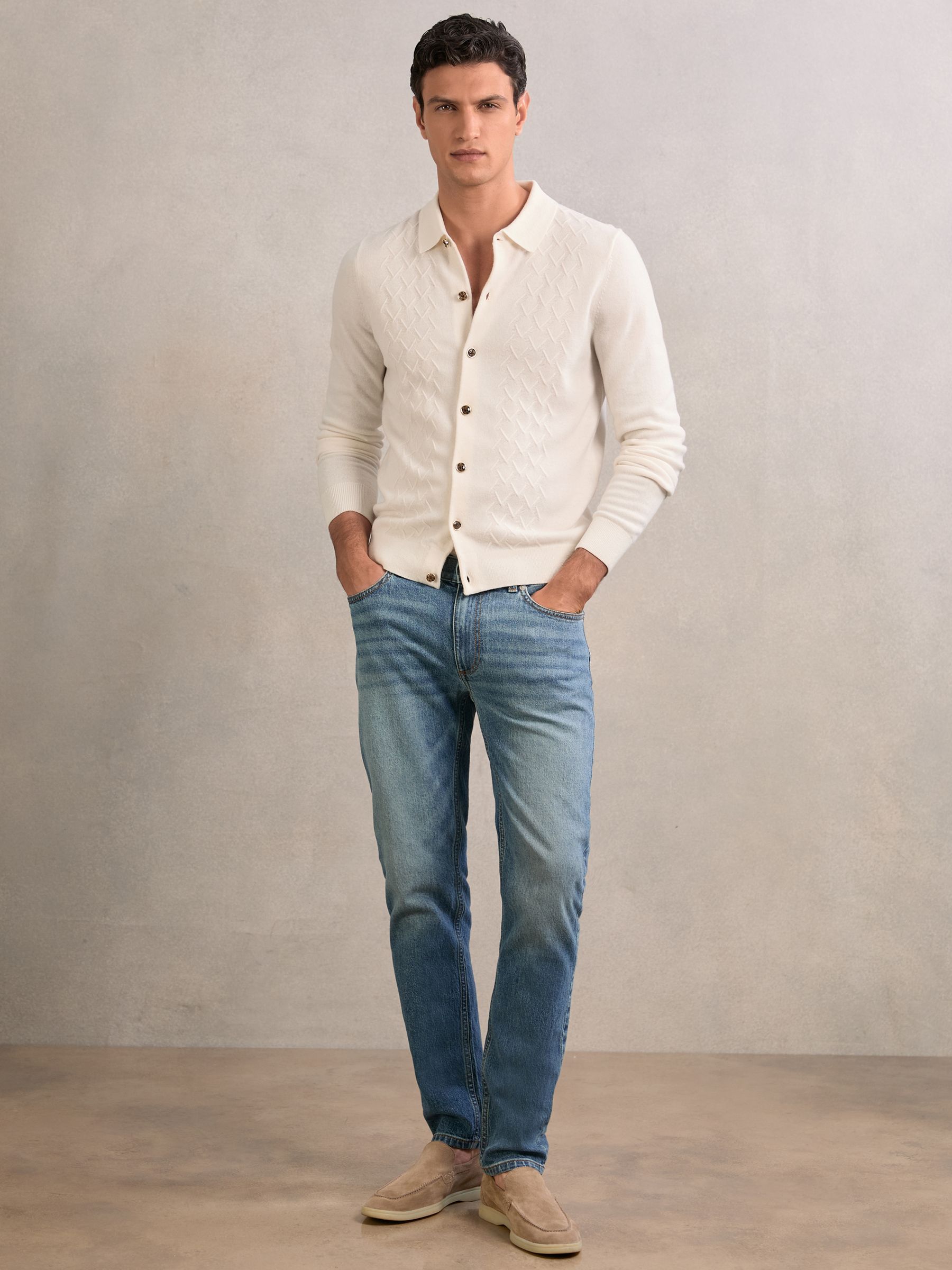 Wool V-Stitch Button-Through Cardigan in Forest Green