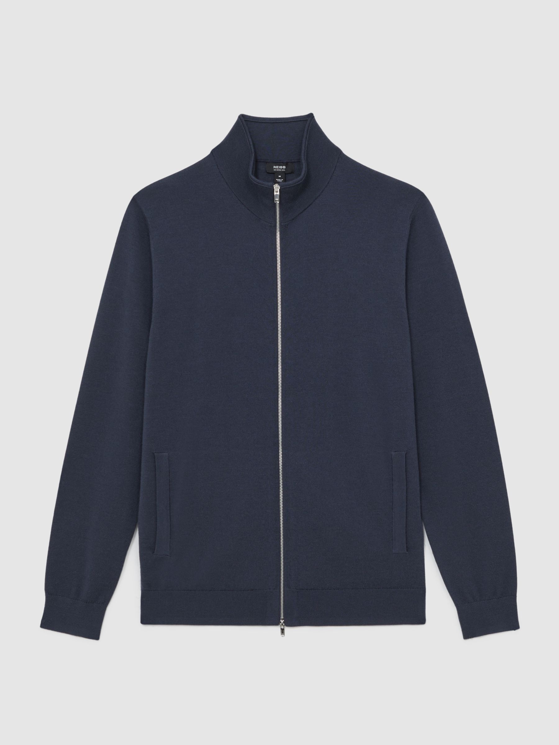 Merino Wool Zip Through Cardigan in Midnight Navy