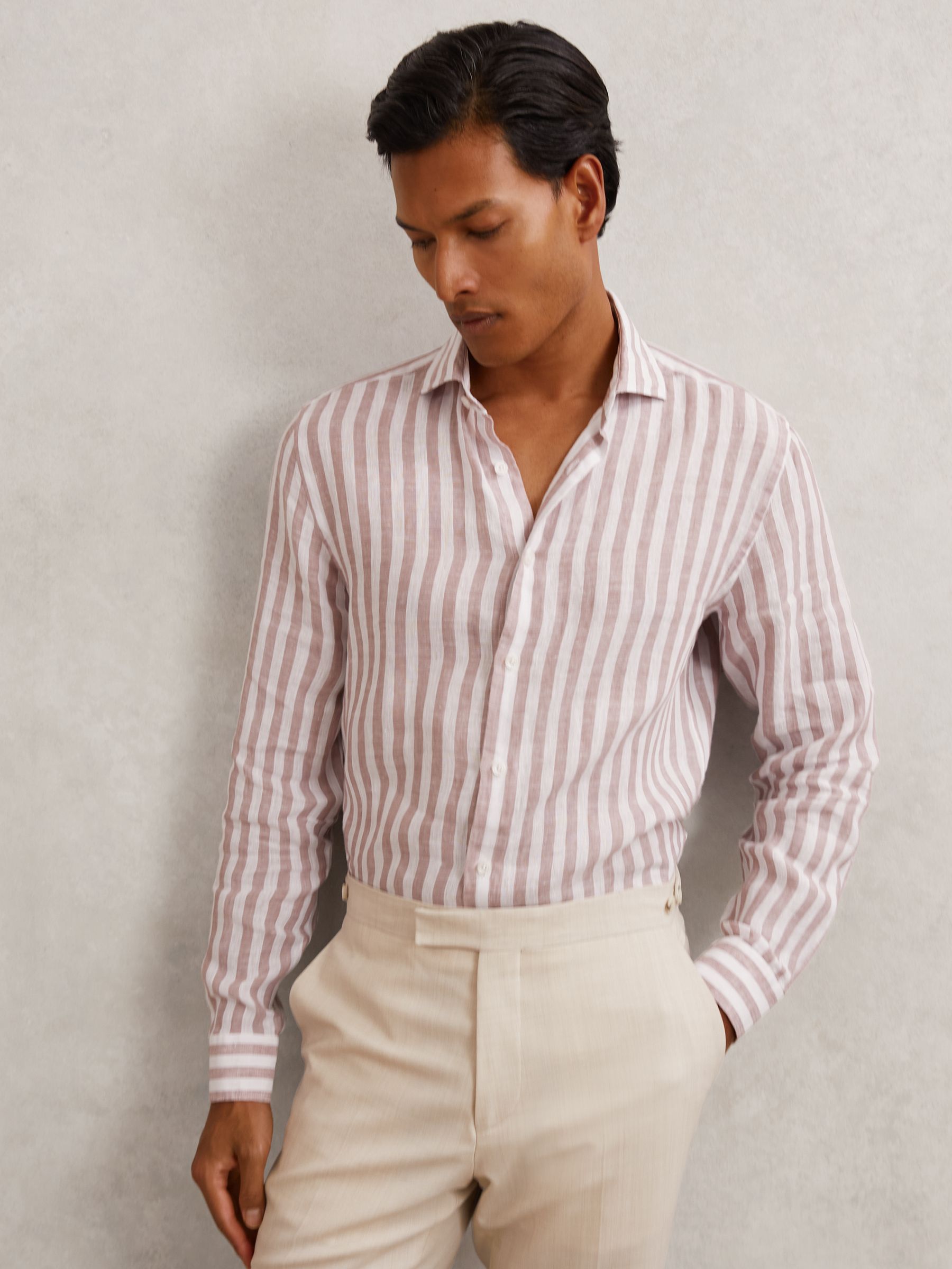 Linen Stripe Long-Sleeve Shirt in Dusty Rose/White Stripe