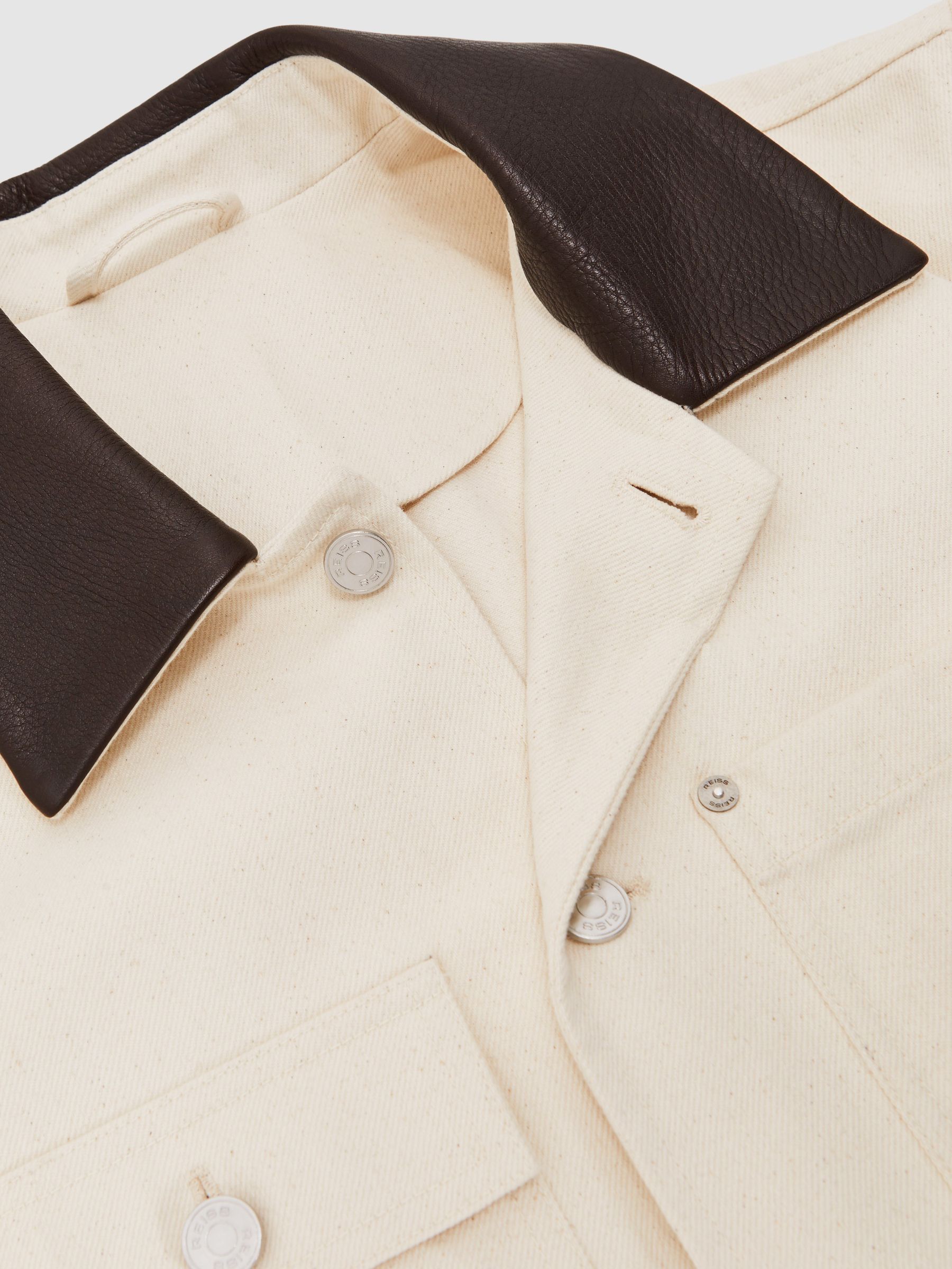 Denim Leather-Collar Worker Jacket in Off White